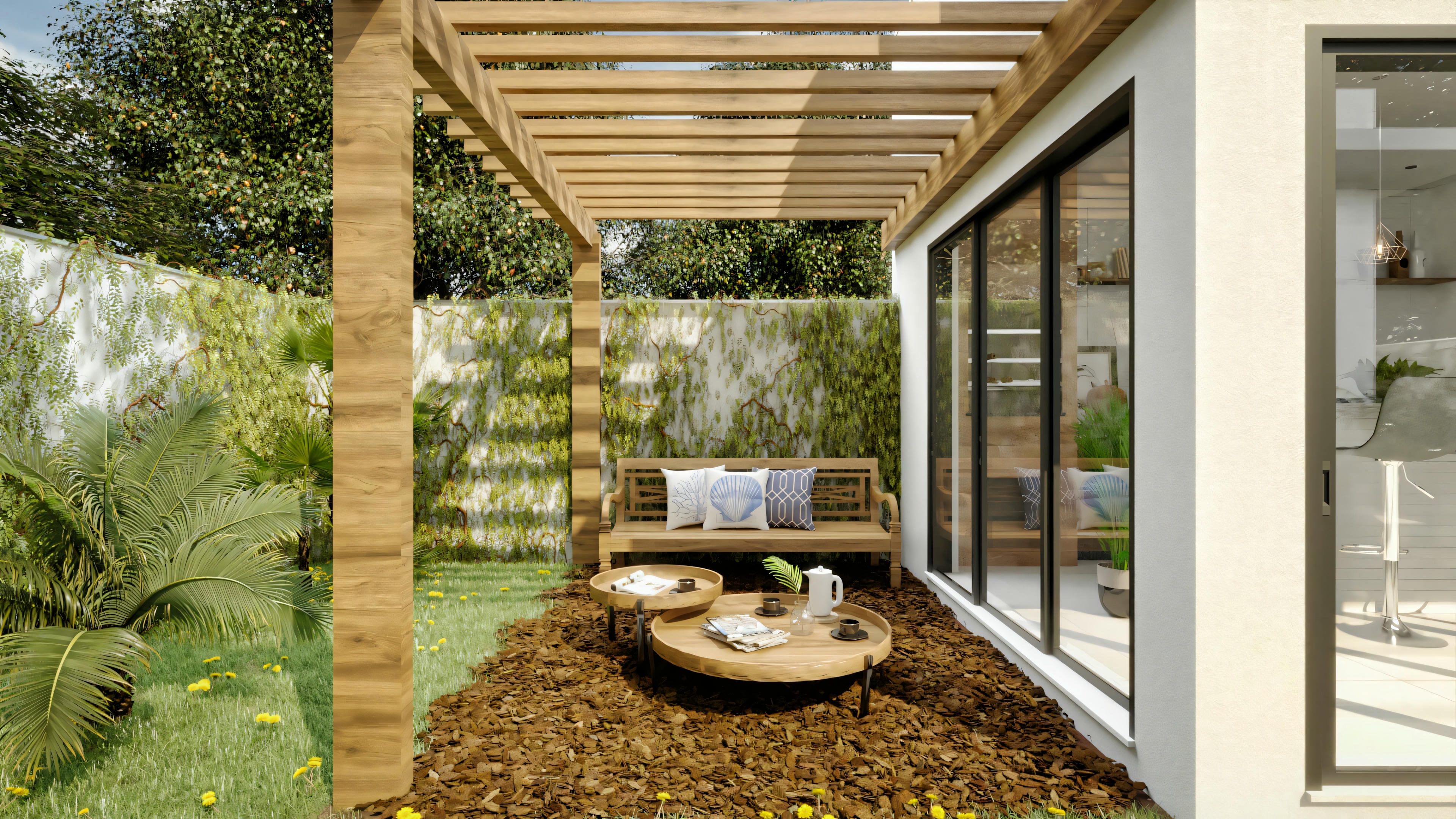 Una estructura de pérgola de madera al aire libre con cubierta transparente, zona de estar acogedora con cojines y mesa en un entorno de jardín.