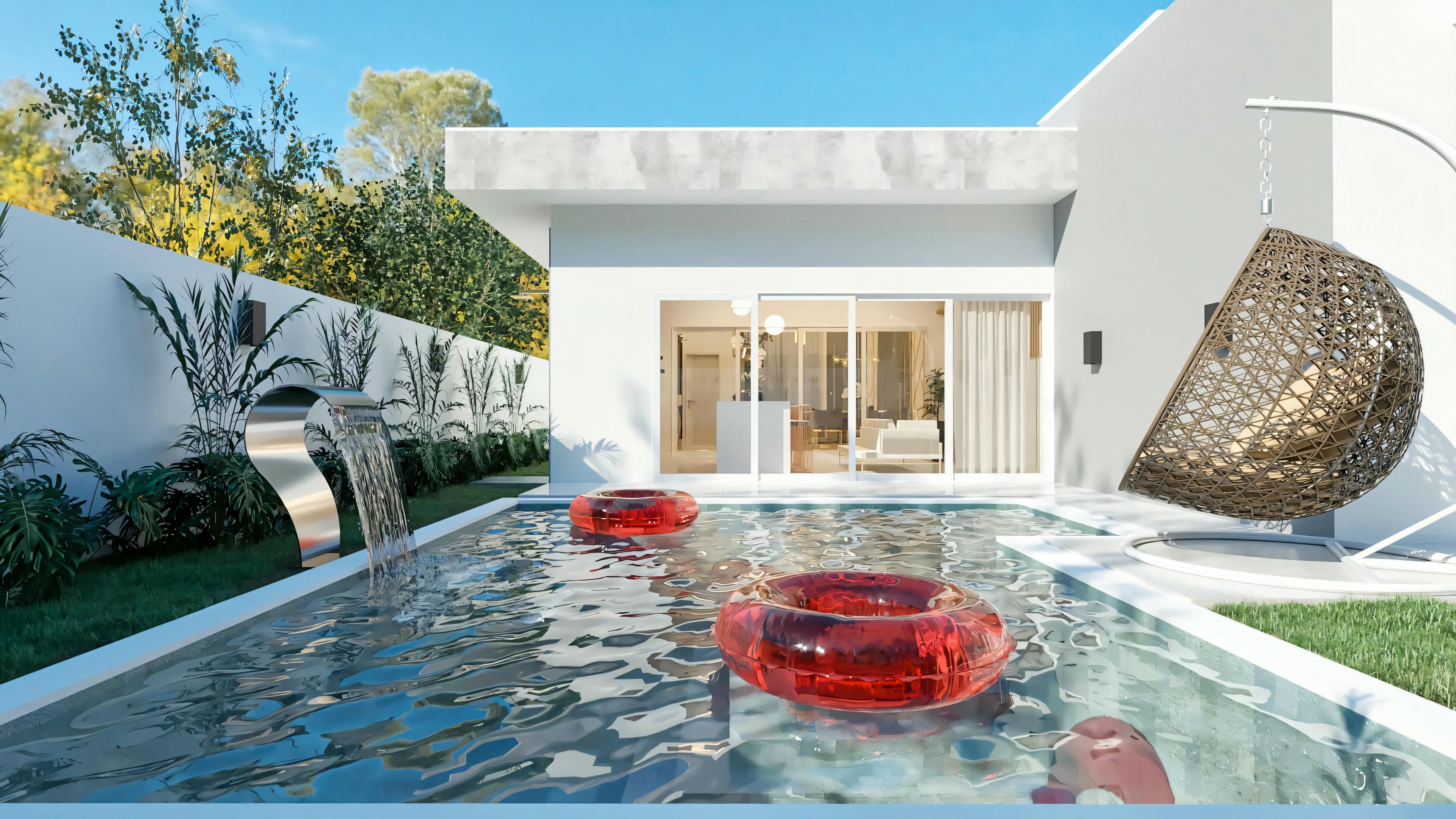 Foto del área de recreación con piscina de esta planta de casa moderna de una planta con 3 habitaciones (203.67m²). Piscina con cascada, espacio de descanso con silla colgante y vista de la integración con el interior de la casa.