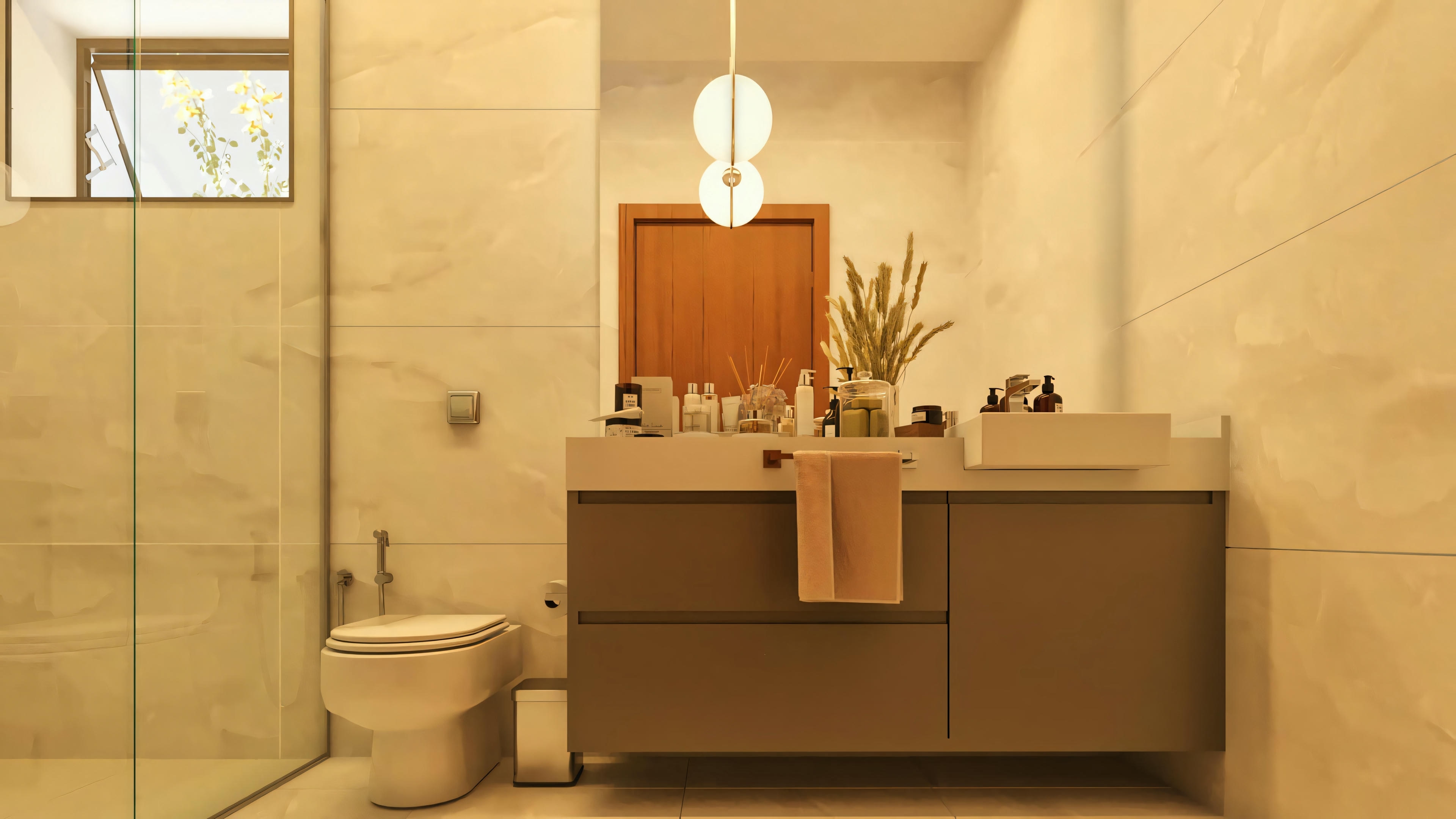 Baño de suite perteneciente a proyecto de casa moderna con 555.9m². Detalles incluyen mesada con lavamanos sobrepuesto, mueble planeado, espejo, lámpara colgante moderna, revestimiento de pared en porcelanato claro, ducha con mampara de vidrio e inodoro. La casa cuenta con 7 baños en total.