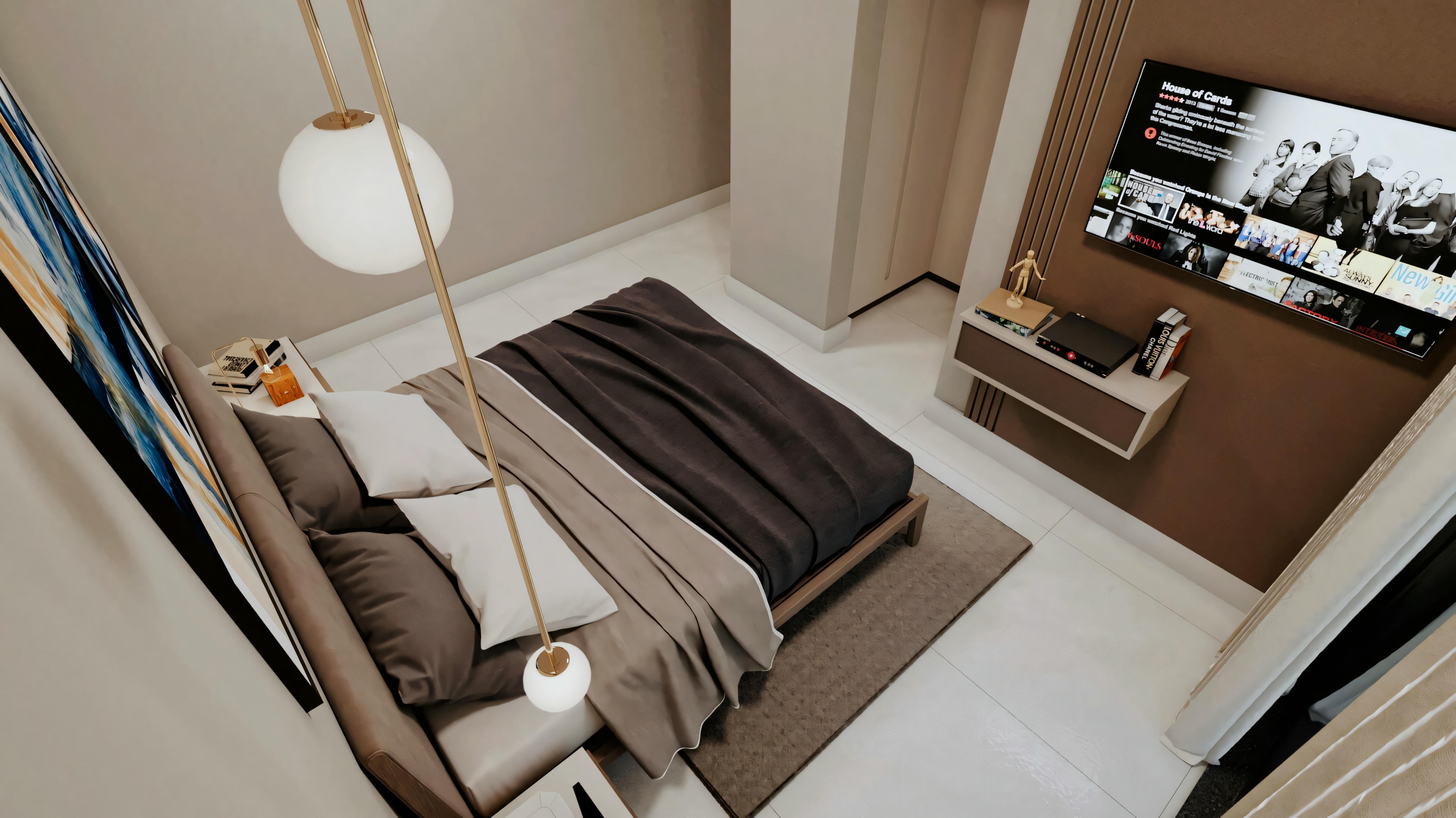 Baño de suite perteneciente a proyecto de casa moderna con 555.9m². Detalles incluyen encimera con lavabo sobrepuesto, mueble planificado, espejo, lámpara colgante moderna, revestimiento de pared en porcelánico claro, ducha con mampara de vidrio e inodoro. Casa cuenta con 7 baños en total.