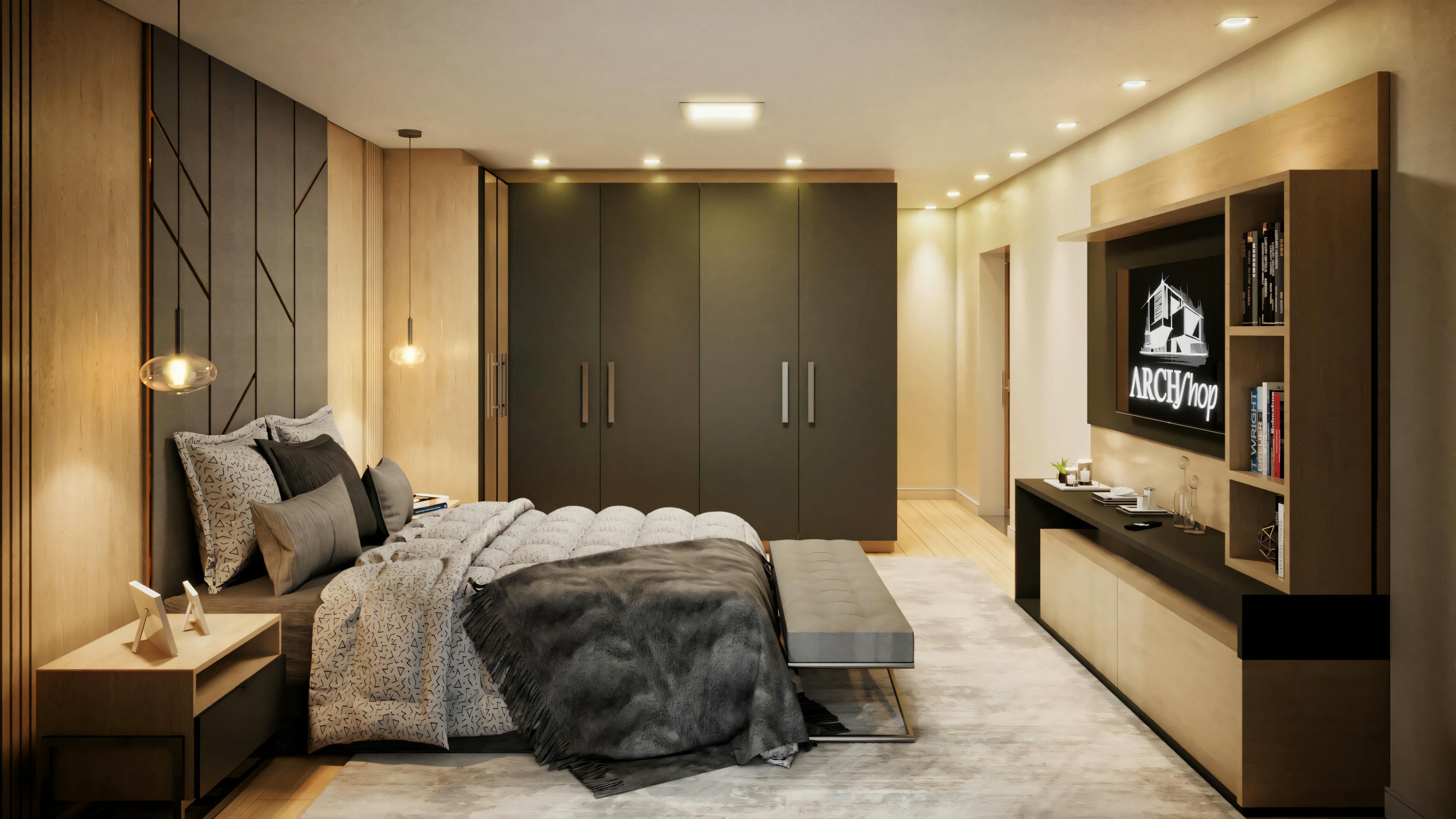 Um quarto com cama, mesinhas de cabeceira e uma grande janela com cortinas, iluminado por luz quente para criar uma atmosfera aconchegante.