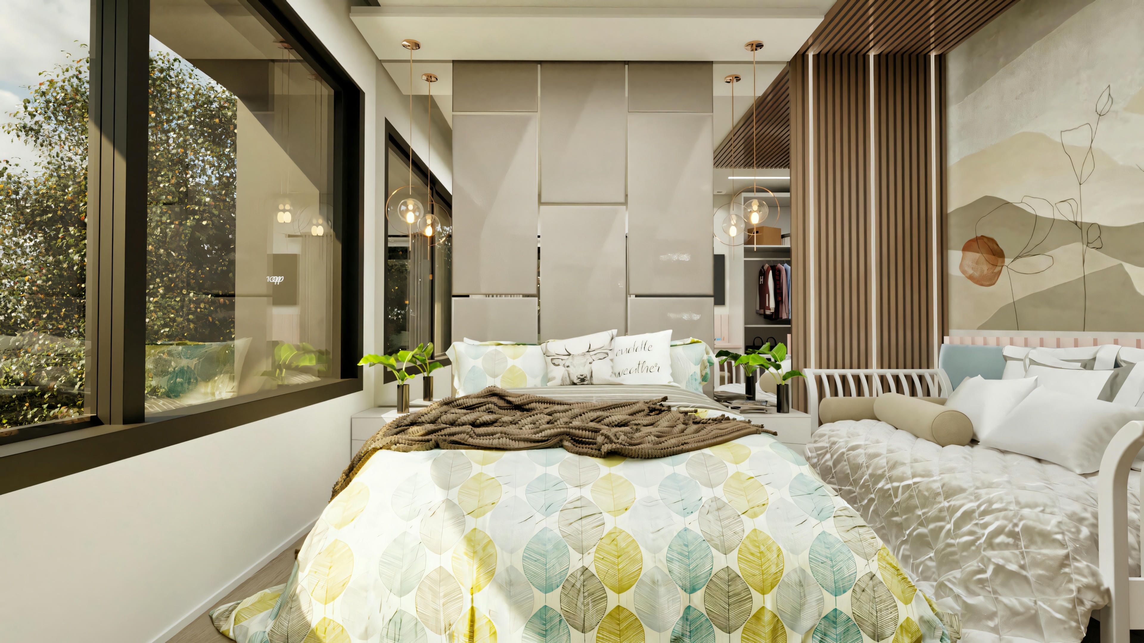 Quarto suíte infantil ou de hóspedes em casa térrea moderna com 4 suítes, com cama principal, cama auxiliar, closet com detalhe ripado em madeira e grande janela.