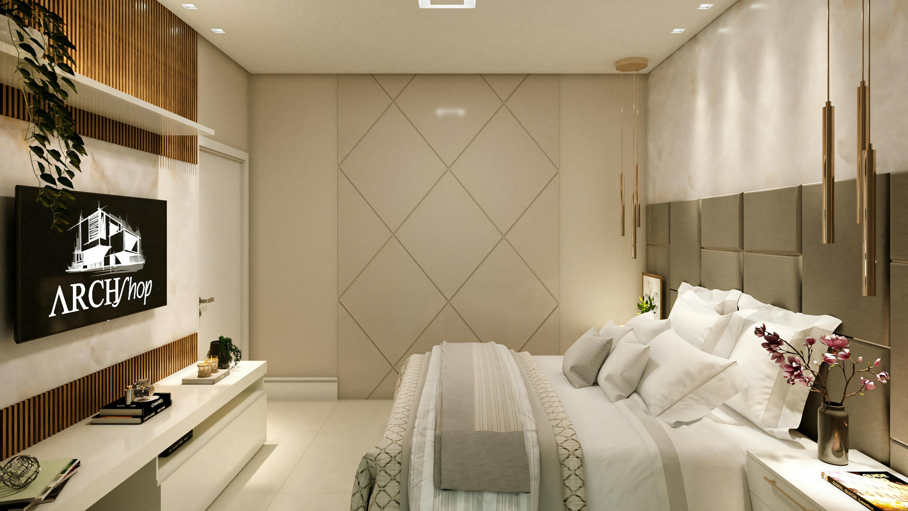 Una sala de estar con sofá, cojines y unidad de entretenimiento con televisor.