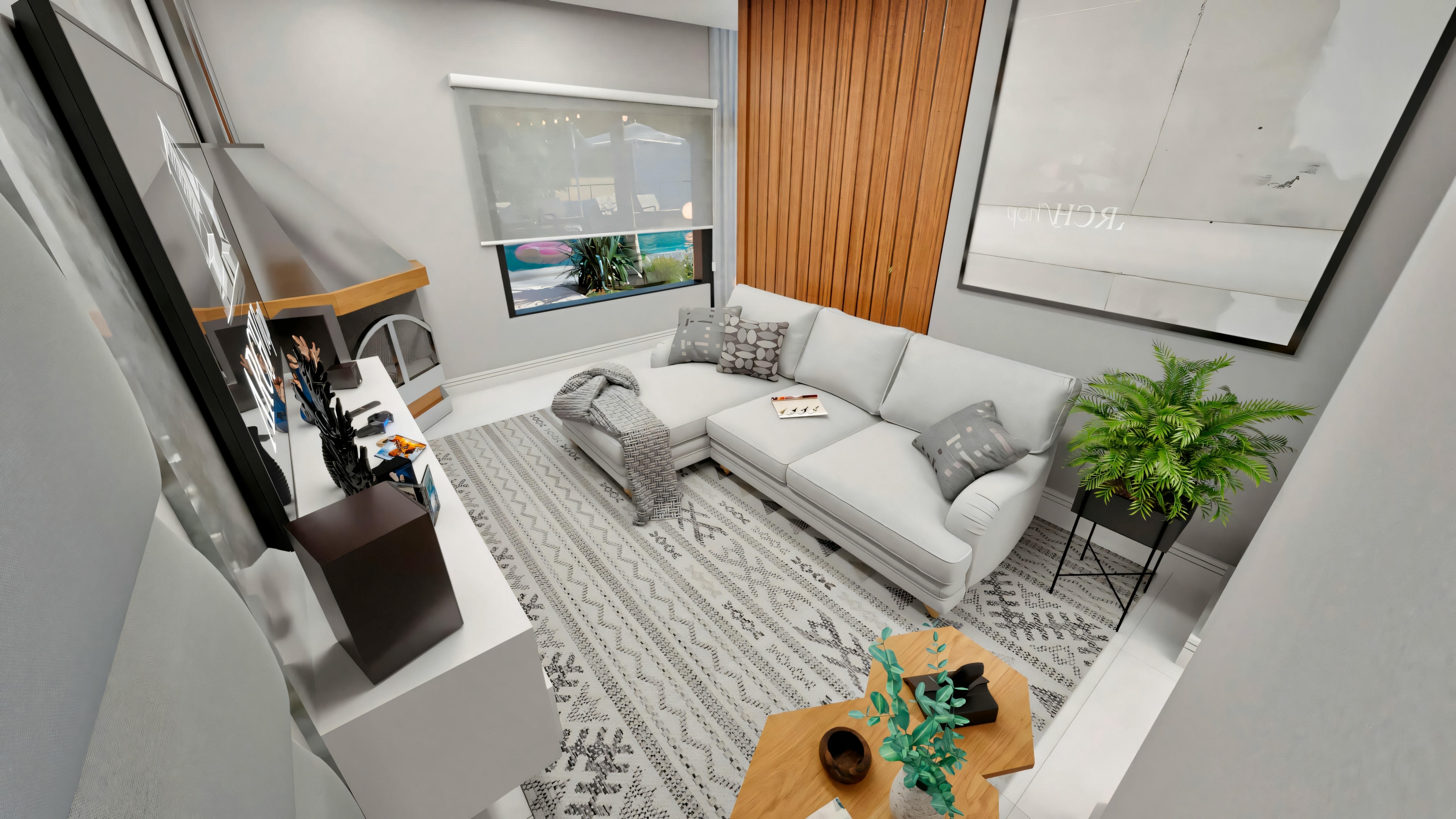 Salón moderno com sofá seccional gris, almofadas estampadas, alfombra blanca y suelo de madera.