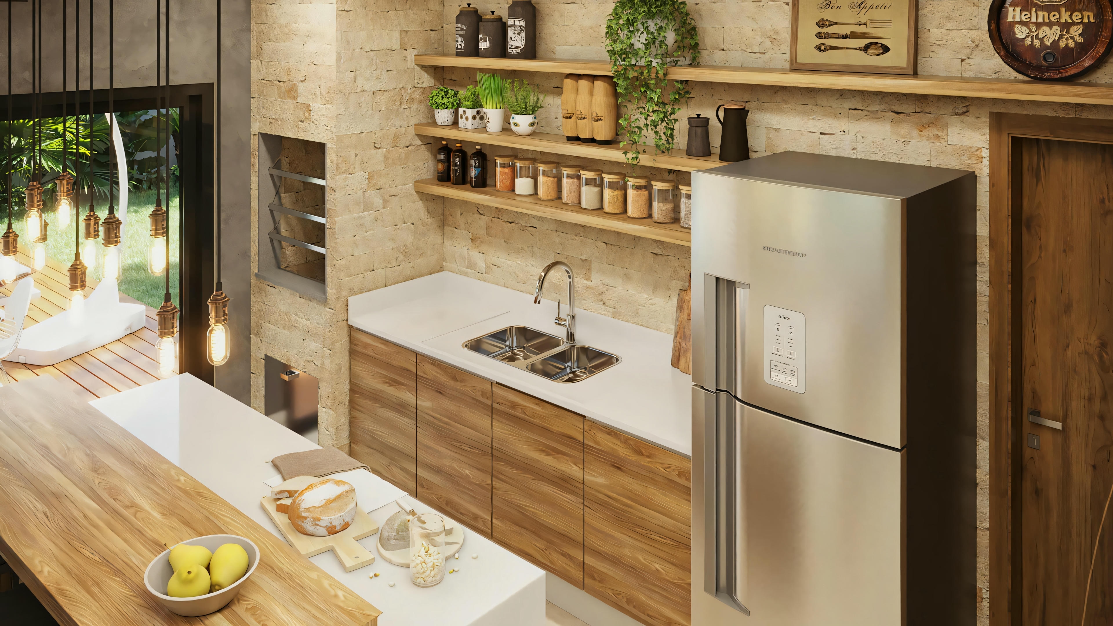 Detail of the kitchen countertop in the gourmet area of the ready-made single-story house project with 2 suites. Includes double stainless steel sink, wooden lower cabinets, stainless steel refrigerator, open decorative shelves, and stone wall. Partial view of the island and outdoor area.