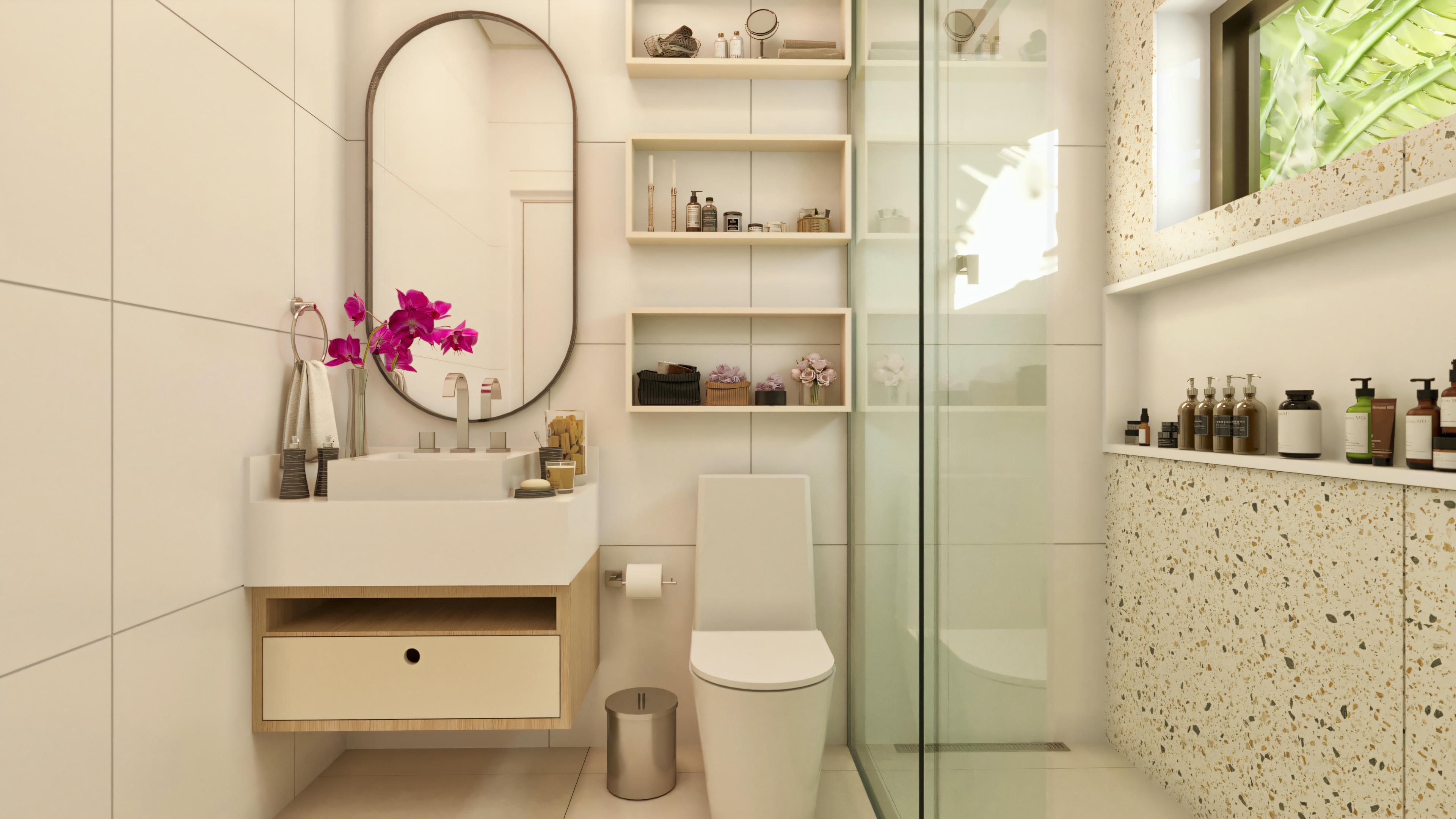 Bathroom design with terrazzo cladding.