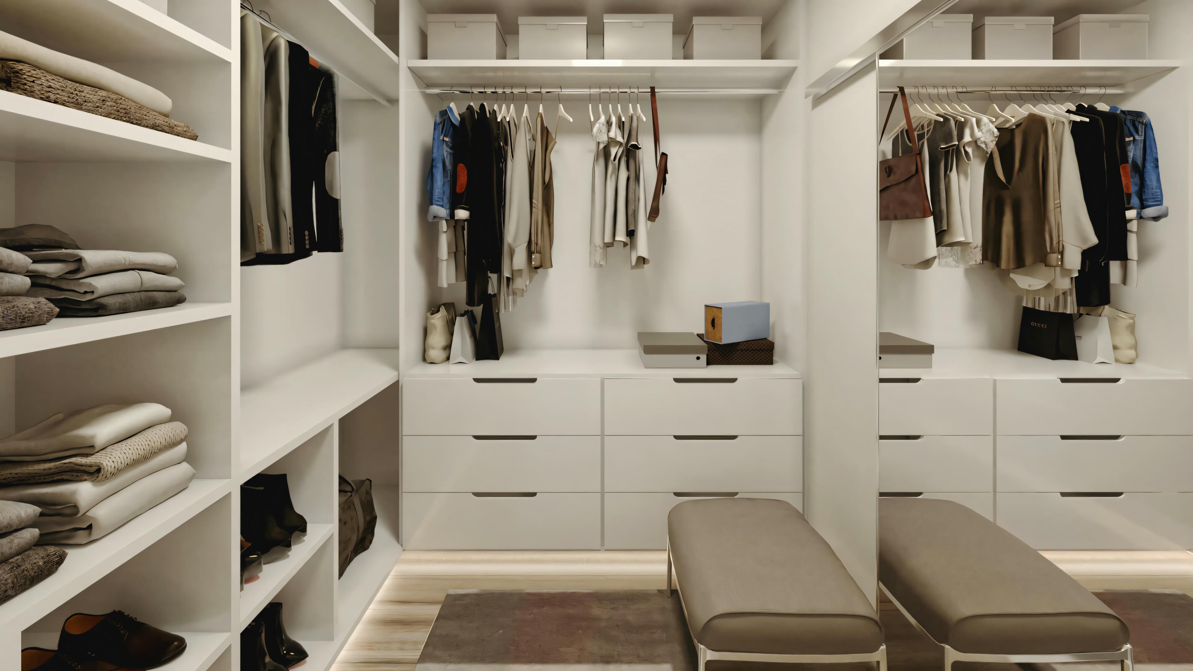 Un vestidor organizado con varias secciones para colgar ropa, estantes para artículos doblados, cajones y una zona de estar central.