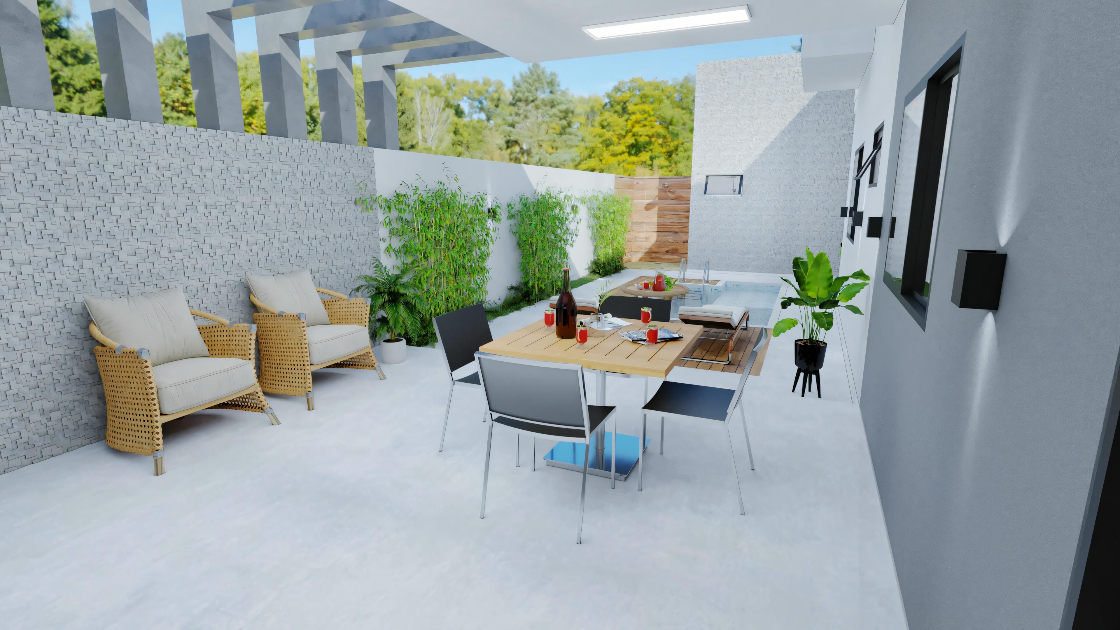 Um espaço interno com uma área de jantar à esquerda, com mesa posta e cadeiras modernas, e uma cozinha ao fundo com armários brancos.