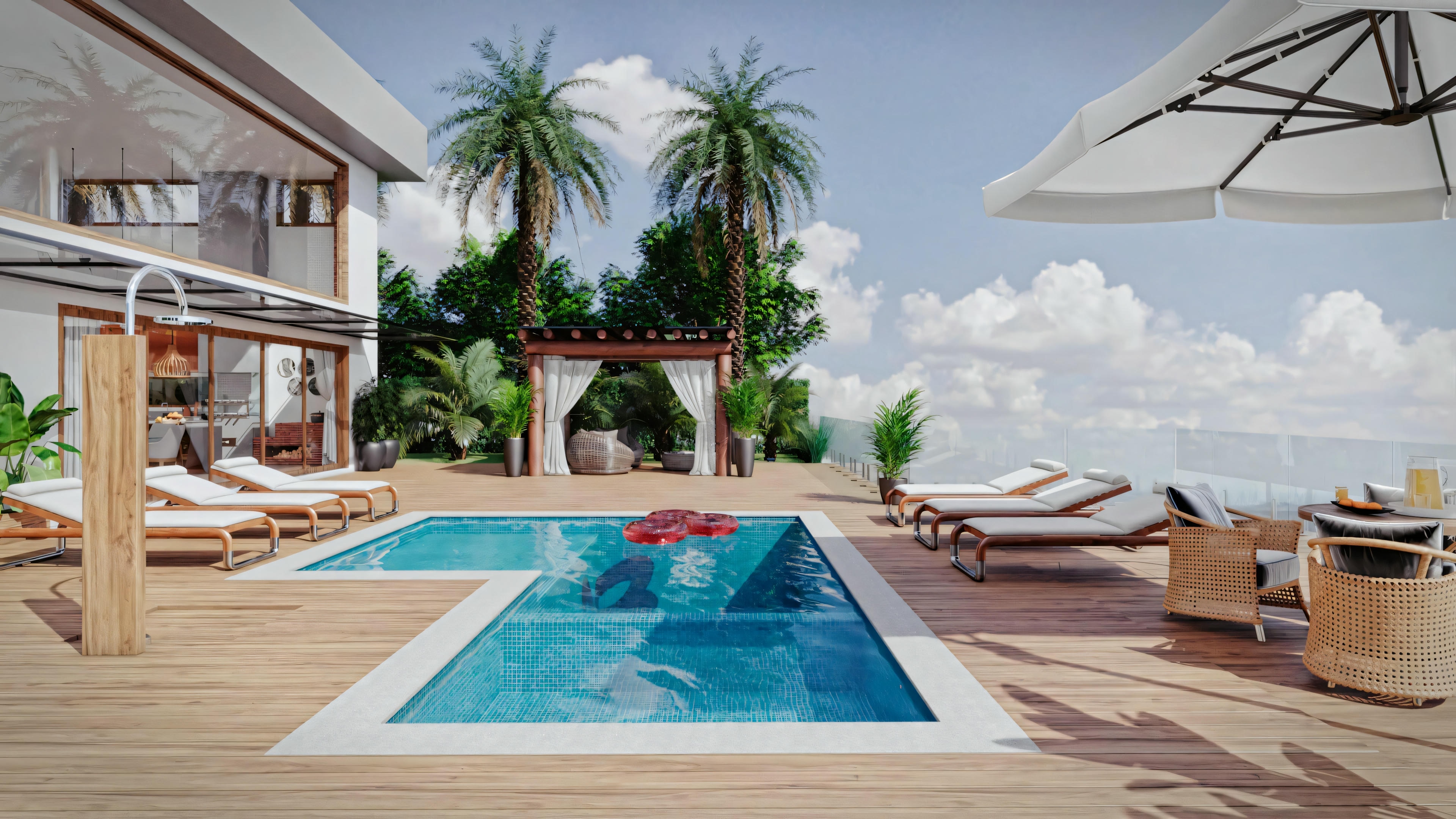 Área externa com piscina, espreguiçadeiras, um grande guarda-sol para sombra e um céu claro acima, sugerindo um ambiente de lazer ou férias.