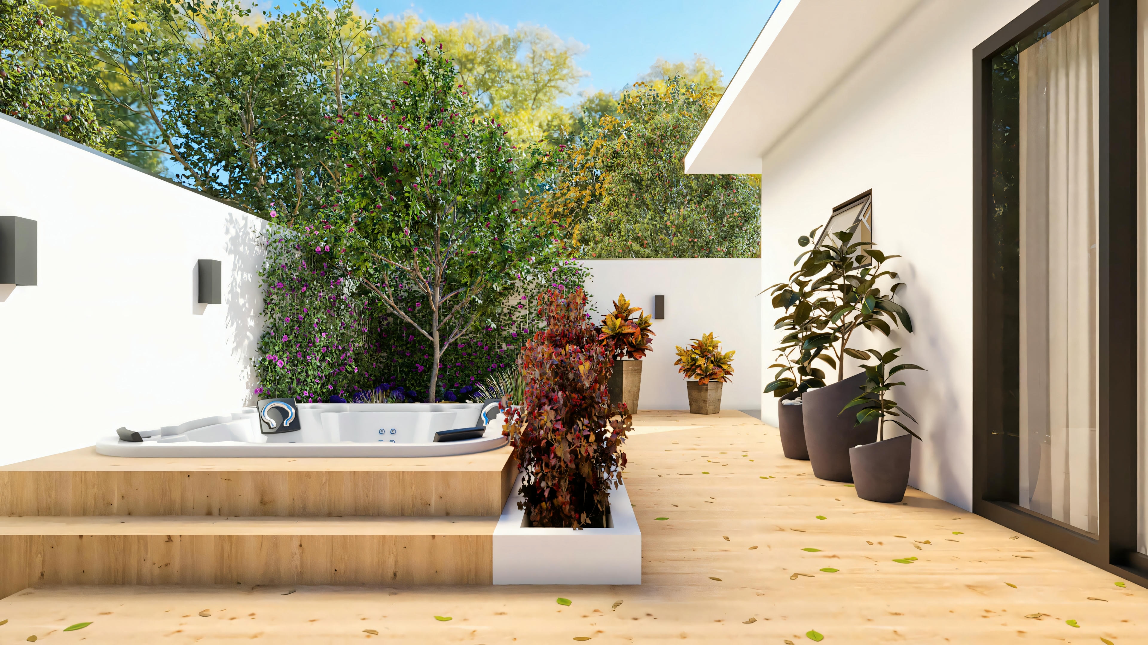 Área de ocio de la casa de una planta con 3 habitaciones, mostrando spa/hidromasaje blanco integrado al deck de madera elevado, con paisajismo alrededor, muro con apliques y acceso a la casa por puerta de vidrio.