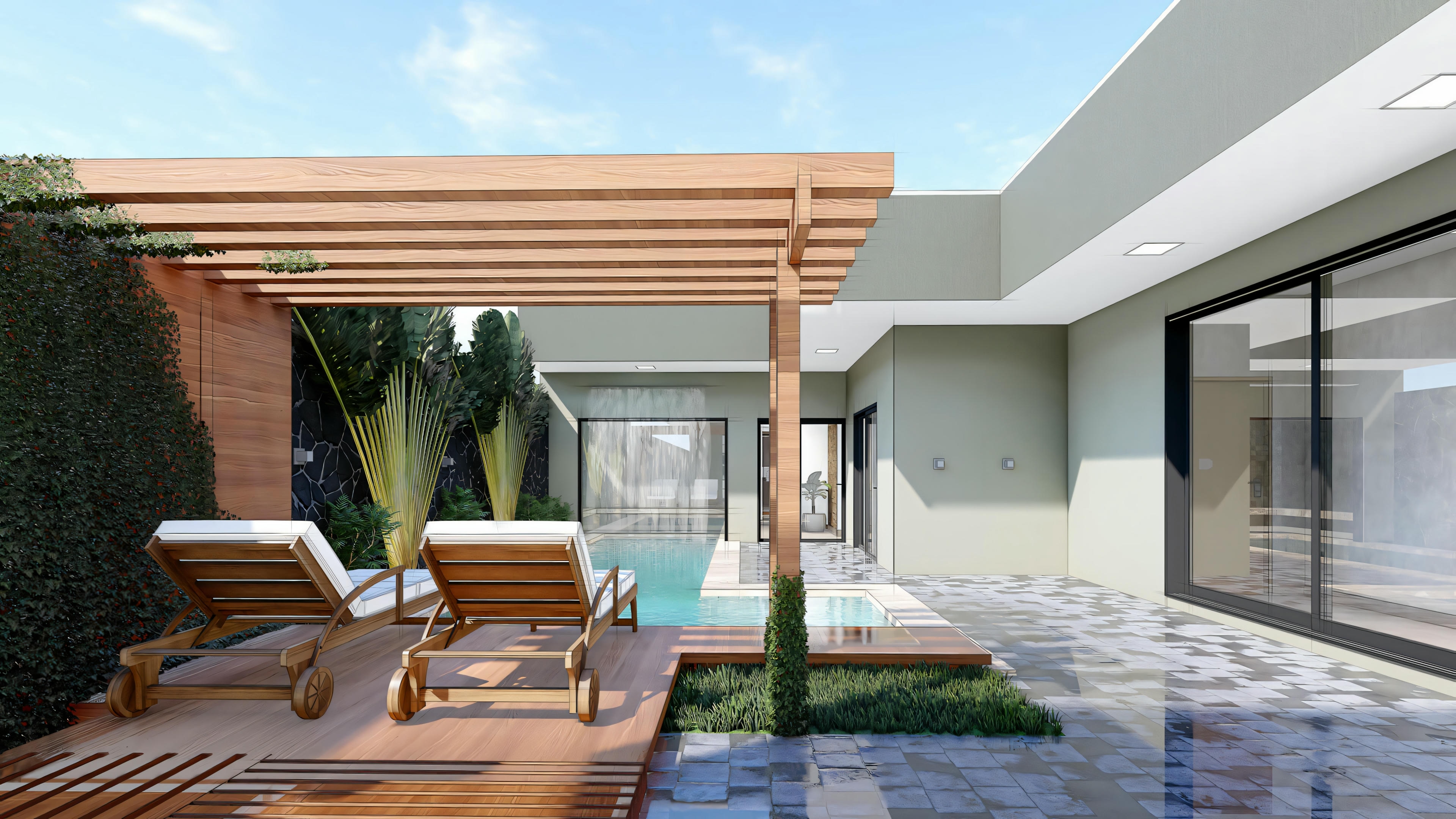 A modern backyard with a pool, a wooden pergola over two lounge chairs, and the facade of a contemporary house with large glass windows in the background.