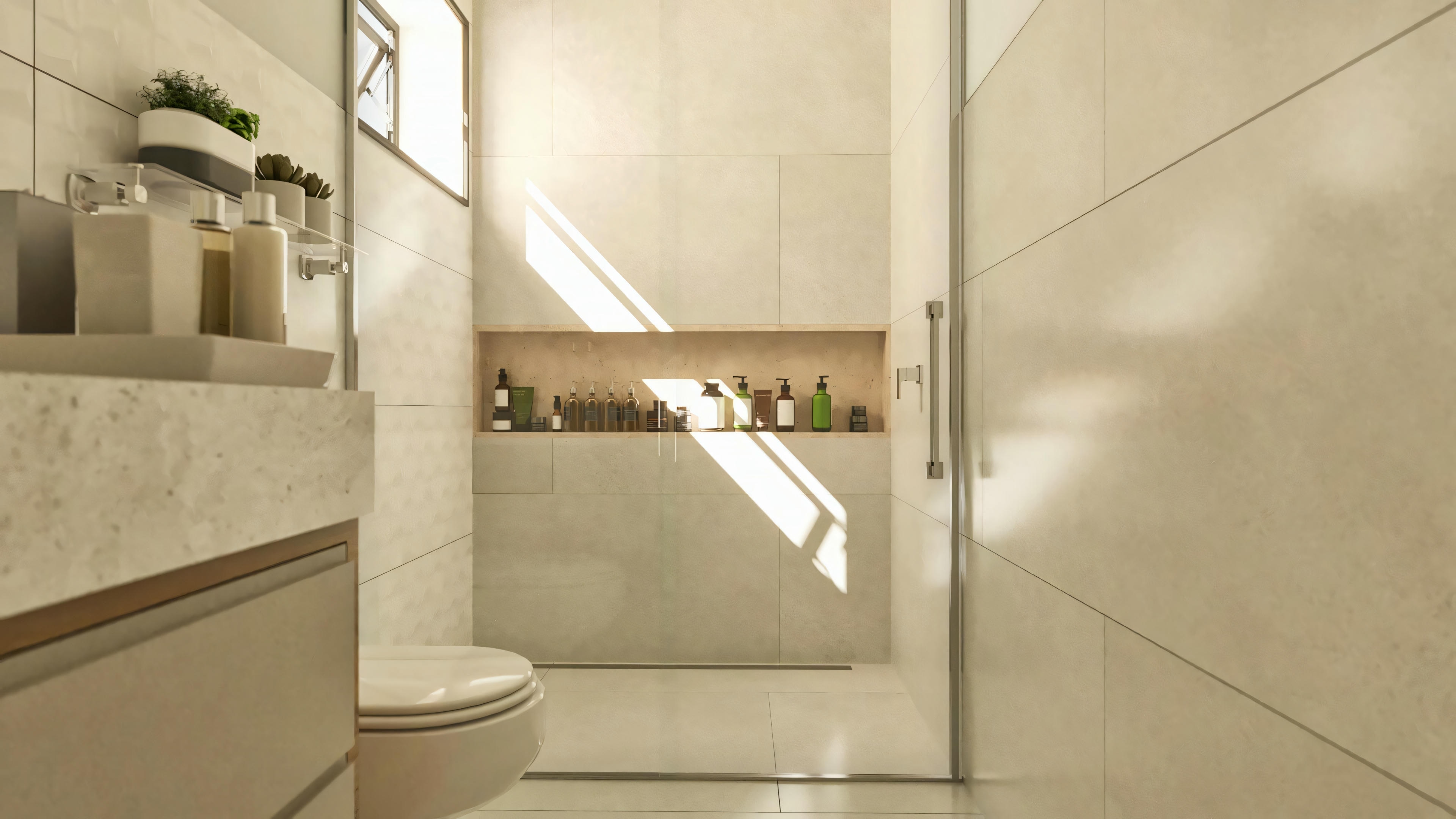 Detalhe do nicho embutido no box do banheiro da suíte, parte do projeto arquitetônico do sobrado de 330m². O nicho possui revestimento interno claro, contrastando com o porcelanato das paredes, e está preenchido com produtos de higiene e iluminado por luz natural.
