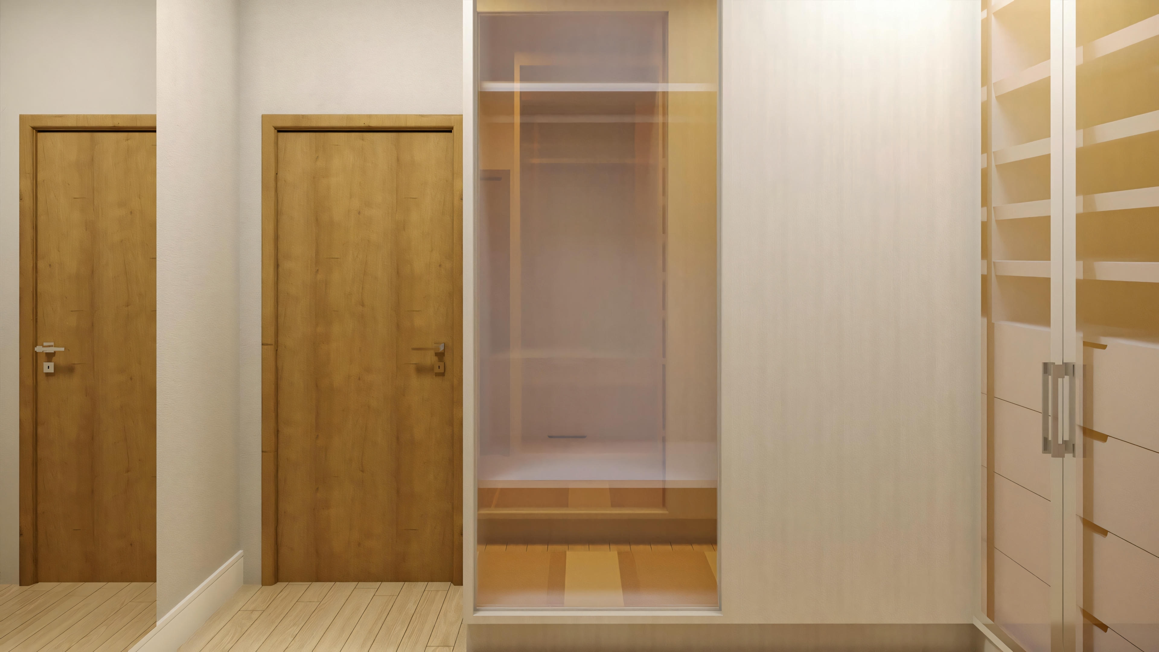 Un baño con elementos de madera, incluyendo armarios y puerta, además de una mampara de ducha de cristal.