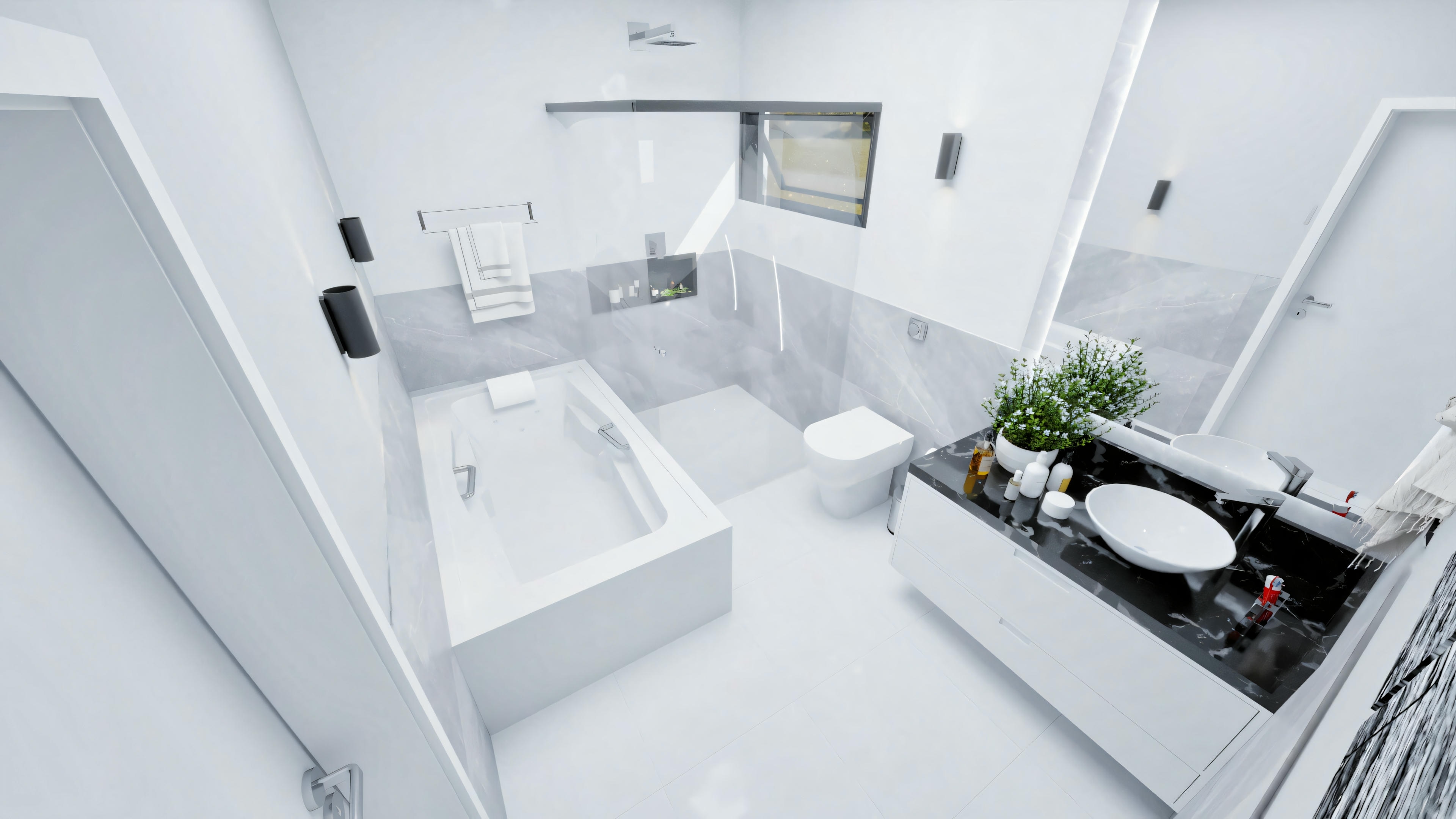 Un baño con lavabo, espejo y diversas comodidades, presentando un diseño moderno.