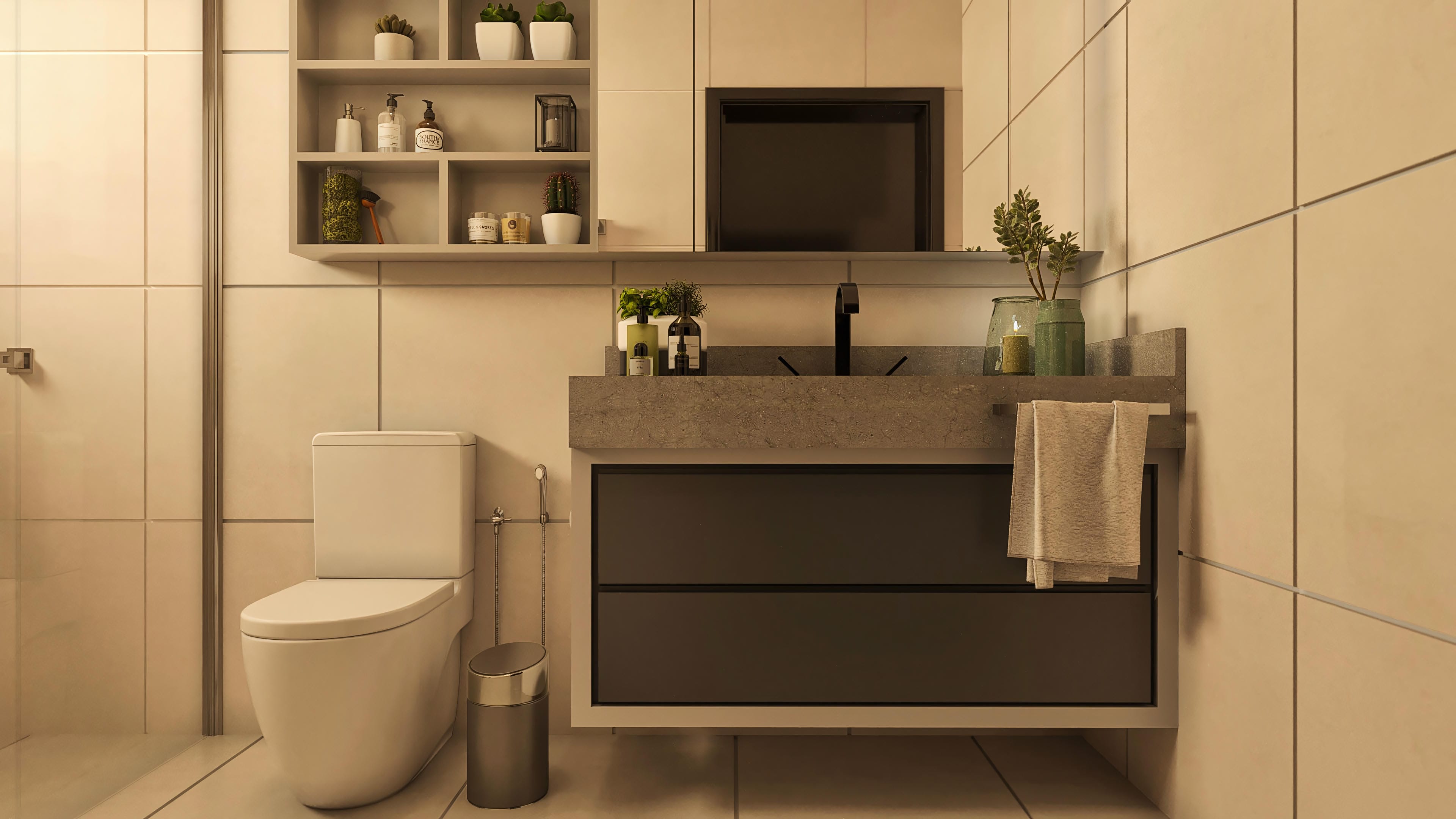 Detalle de baño moderno con encimera en hormigón visto, lavabo negro, espejo con iluminación y armario suspendido con nichos decorados con plantas y objetos.