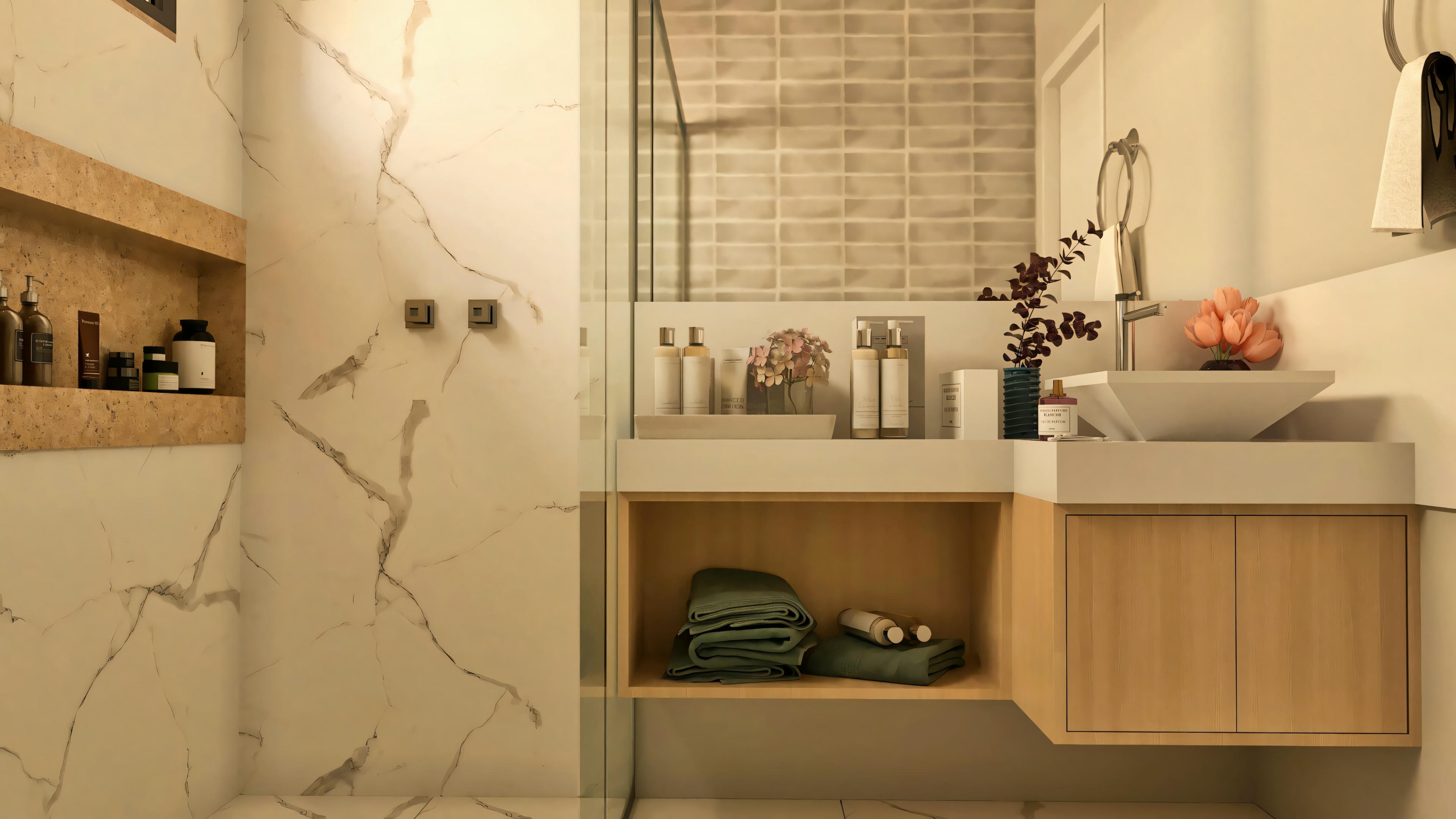 Baño de una de las 3 suites de la casa de planta baja, con box de vidrio, hornacina empotrada en la pared, bancada flotante con lavabo de apoyo y armario. Proyecto de casa de planta baja con 3 suites y 5 baños.