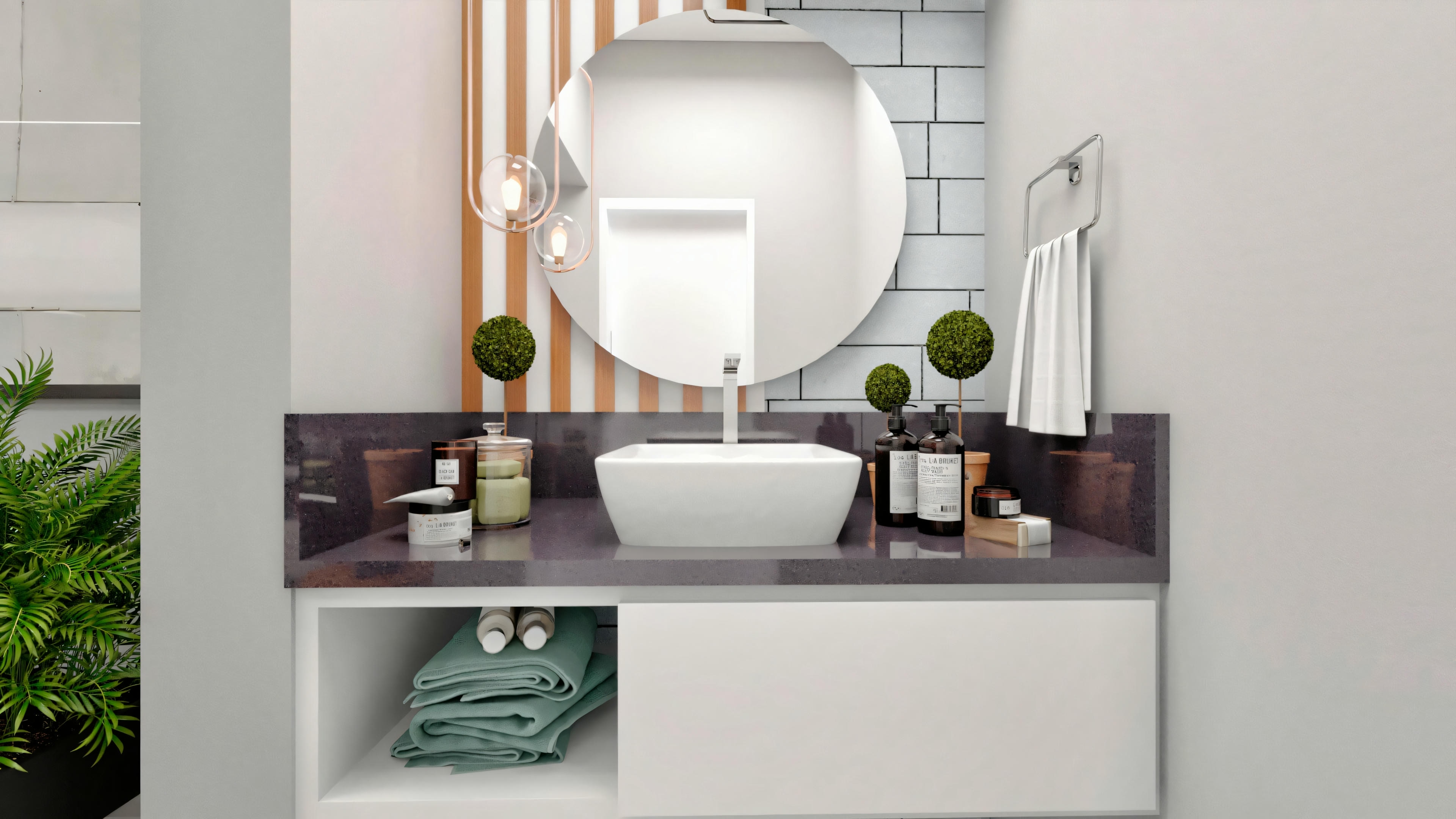 A bathroom with a shower, sink, and mirror, decorated with white tiles.
