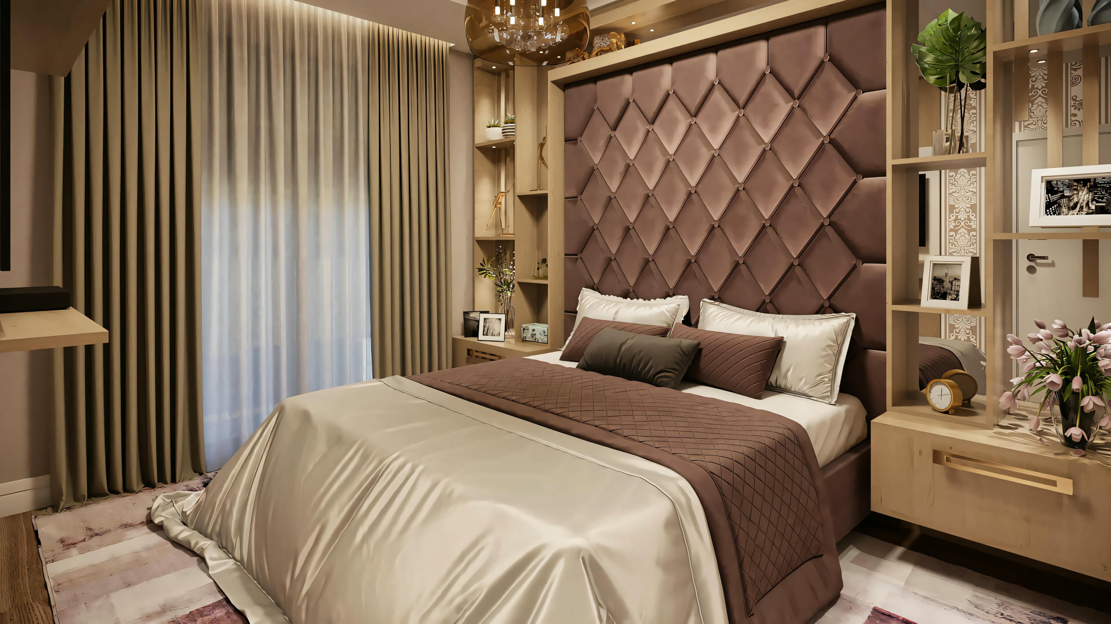 A bedroom com a bed com light-colored bedding against a textured headboard wall.