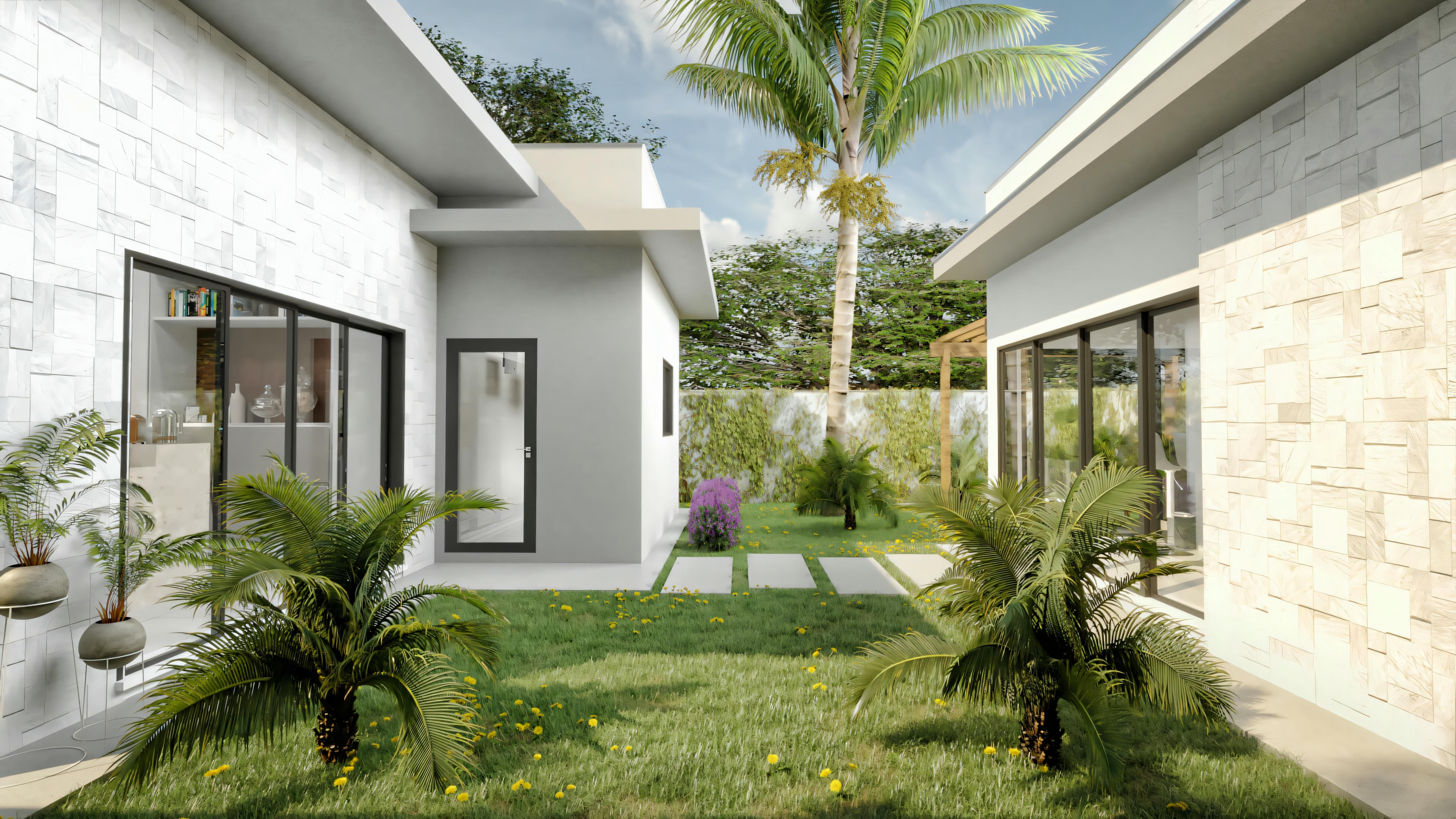 Uma casa moderna com telhado plano, grandes janelas e cercada por vegetação.