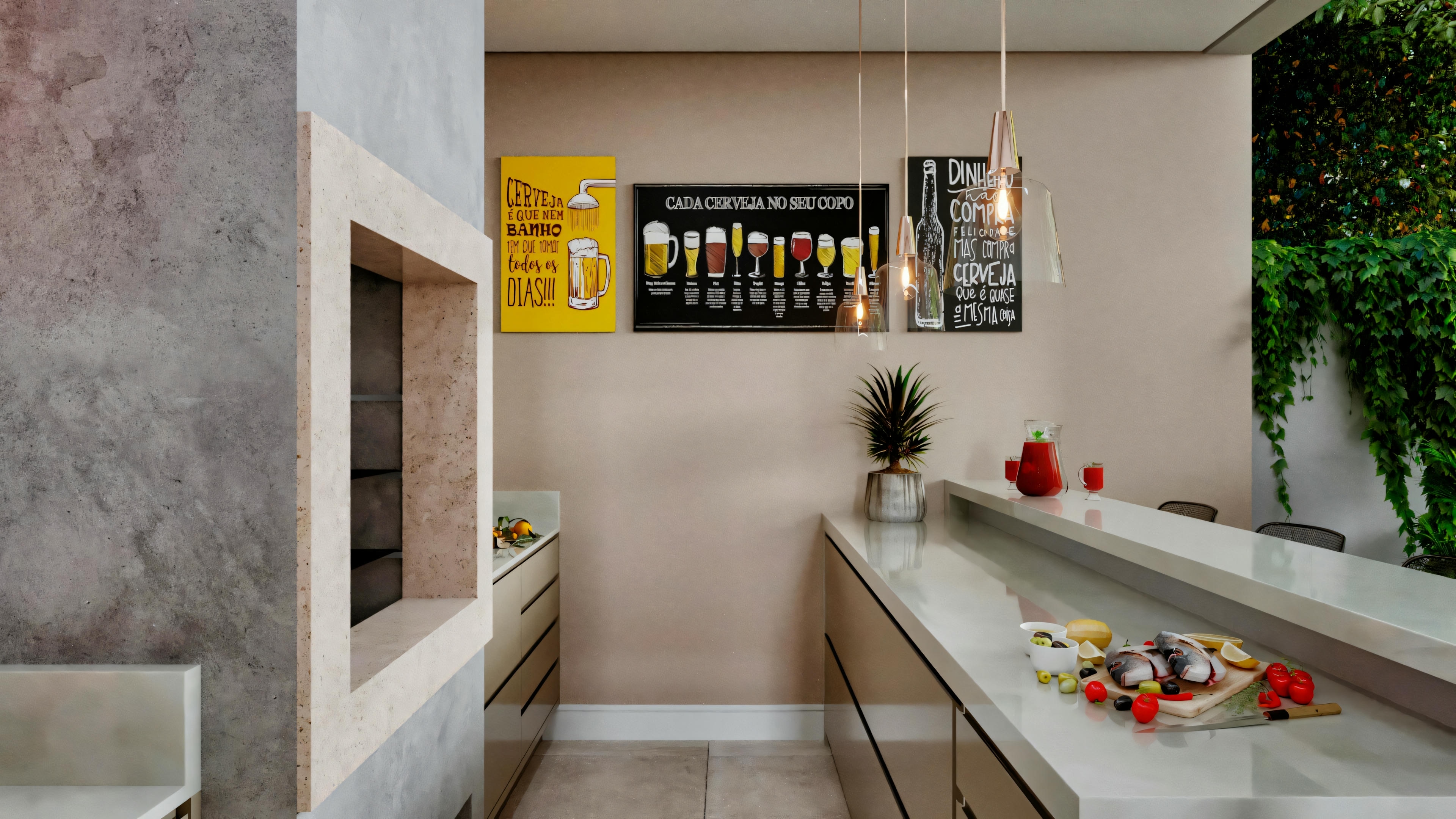 Uma cozinha moderna com um balcão longo, possivelmente de mármore, e banquetas.