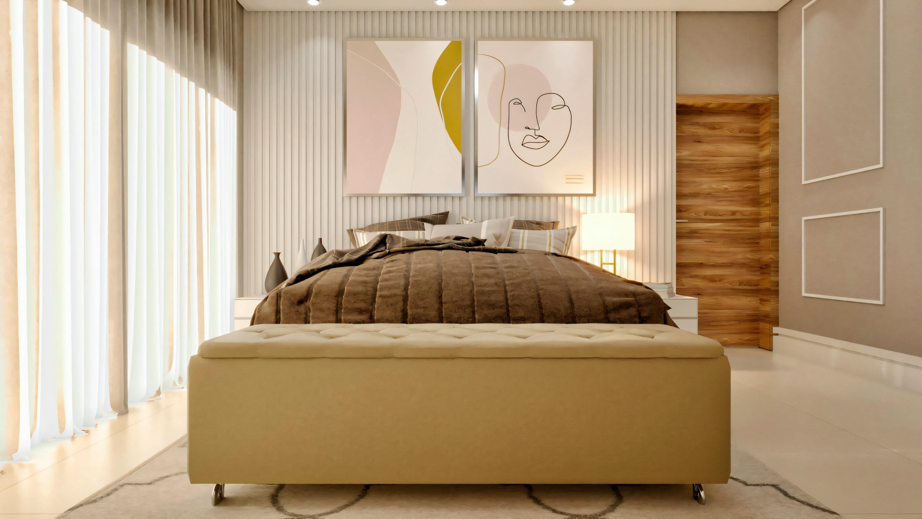 Suite bedroom with a double bed, upholstered bench, slatted wall panel behind the headboard, and boiserie details, in a modern neoclassical style house.
