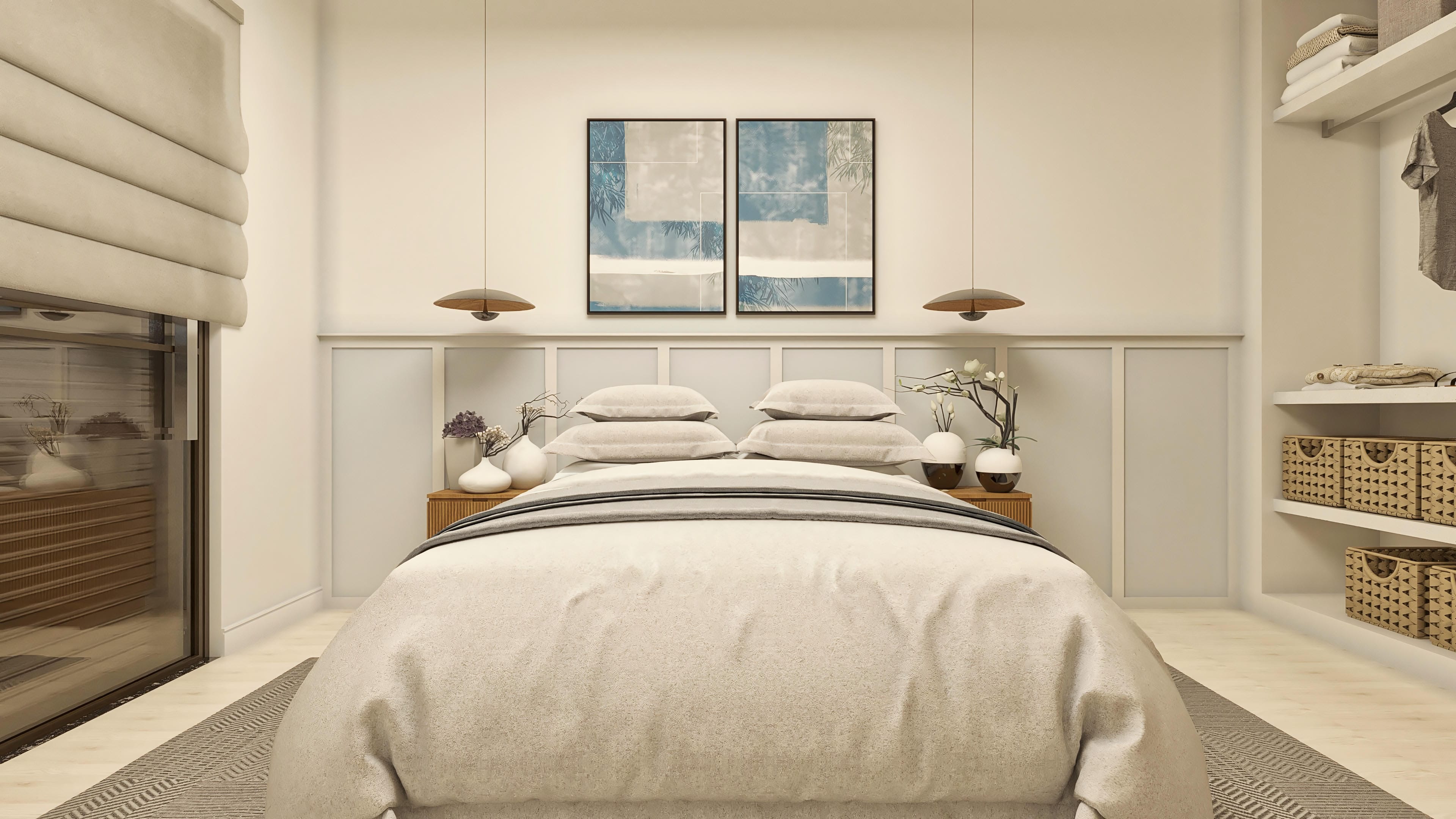 Interior de dormitorio moderno con cama king-size, cabecero con panel alistonado, obras de arte abstractas e iluminación acogedora.
