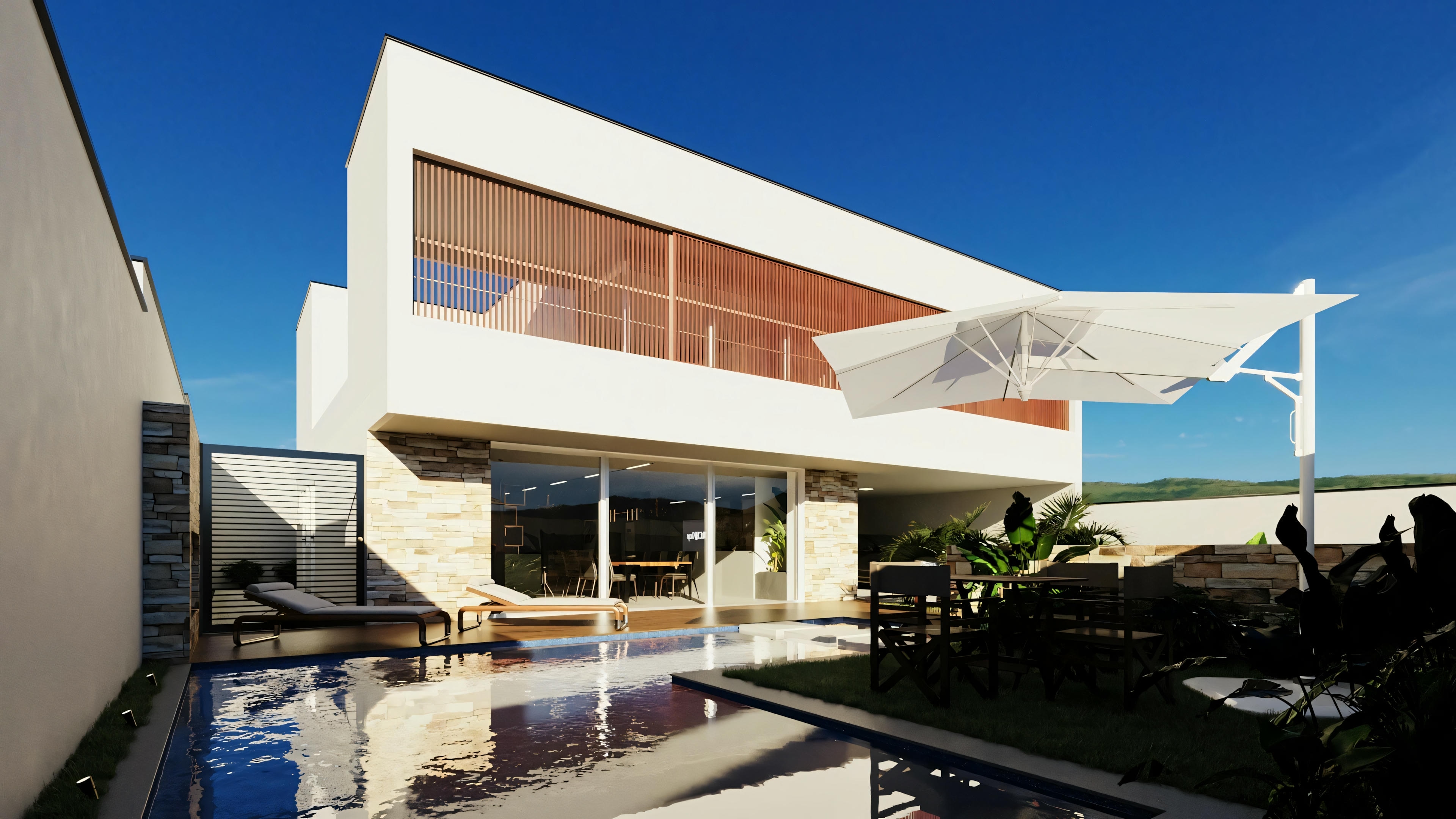 Un edificio blanco com formas geométricas, grandes aleros y ventanas expansivas, también com una piscina externa.