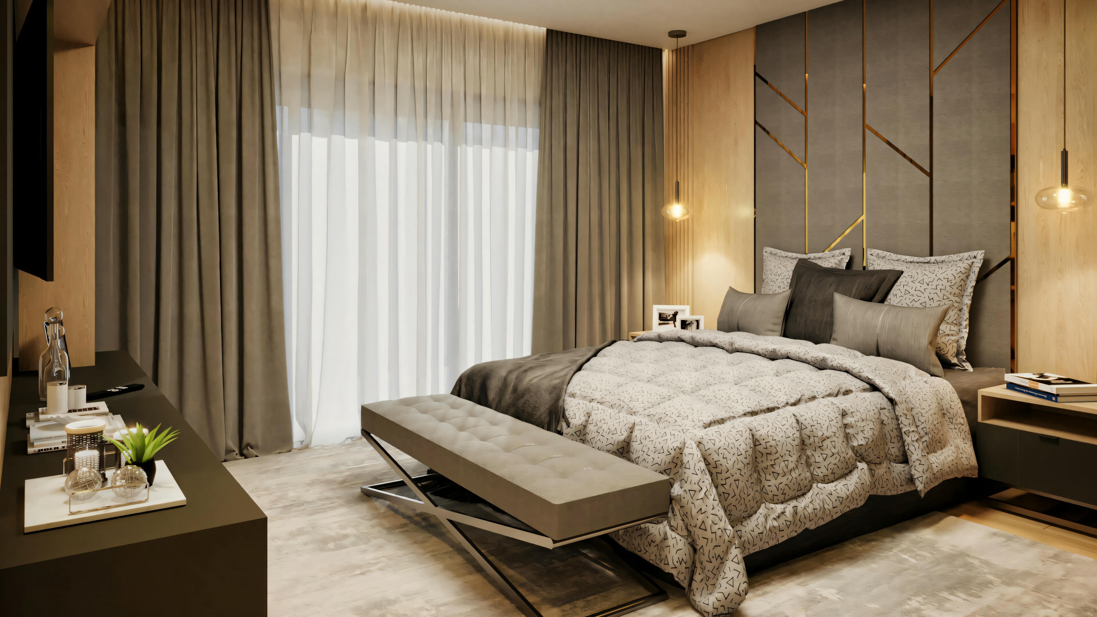 Una habitación moderna con una cama grande, mesitas de noche, lámparas y una zona de estar.