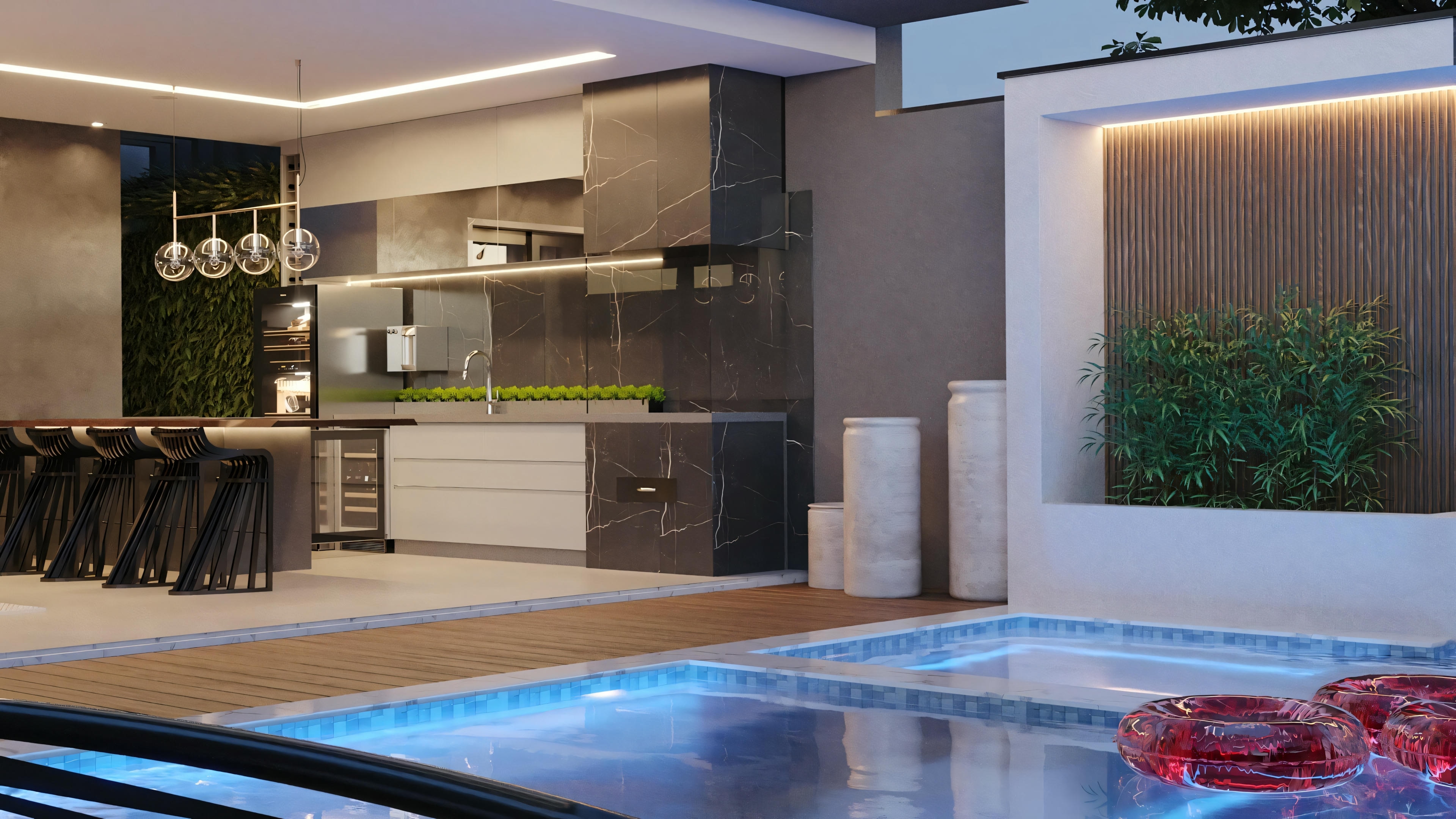 A house with a pool and decorative lighting, emphasizing modern style and nighttime ambiance.