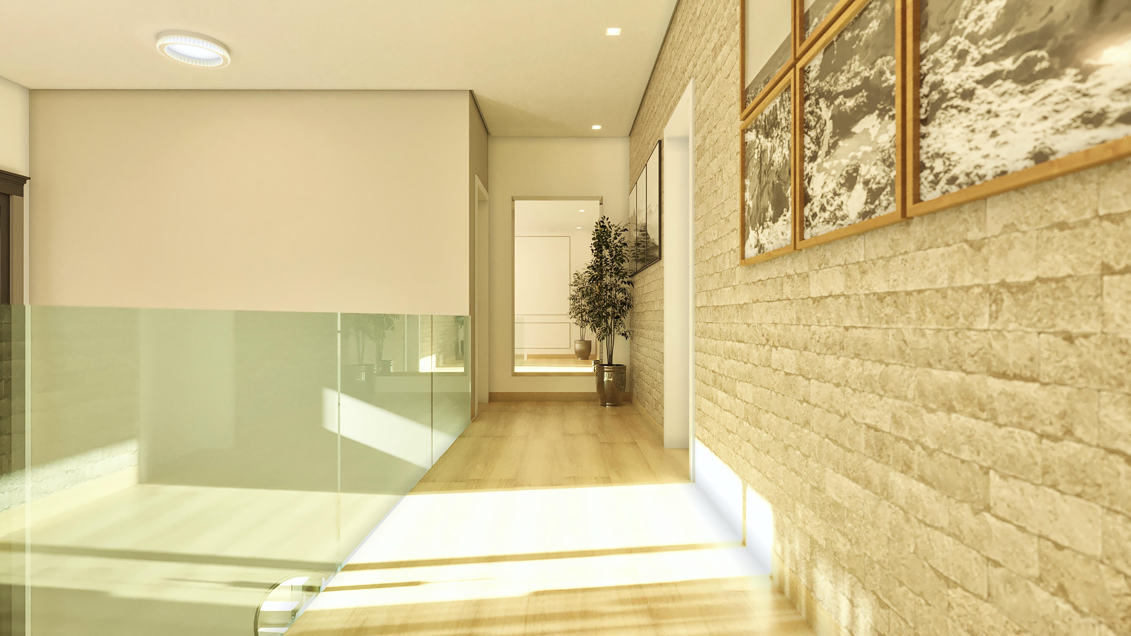 Two-story house interior with an illuminated hallway, natural stone wall, wooden floor, and glass railing.