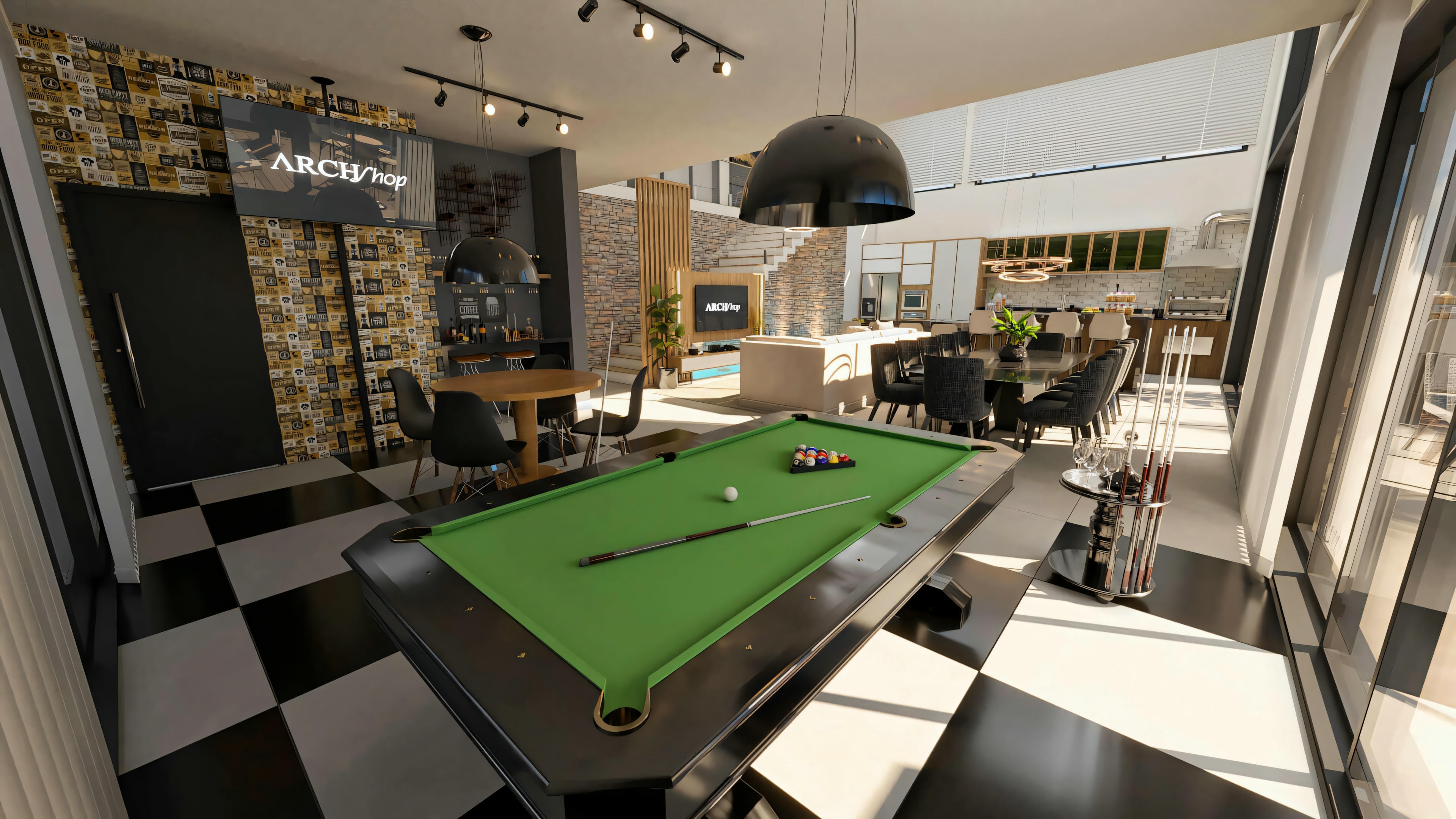 Large integrated social area in a ready-made project with 5 suites, showing a game room with a pool table, bar, living room, and dining room with a high ceiling and exposed staircase.