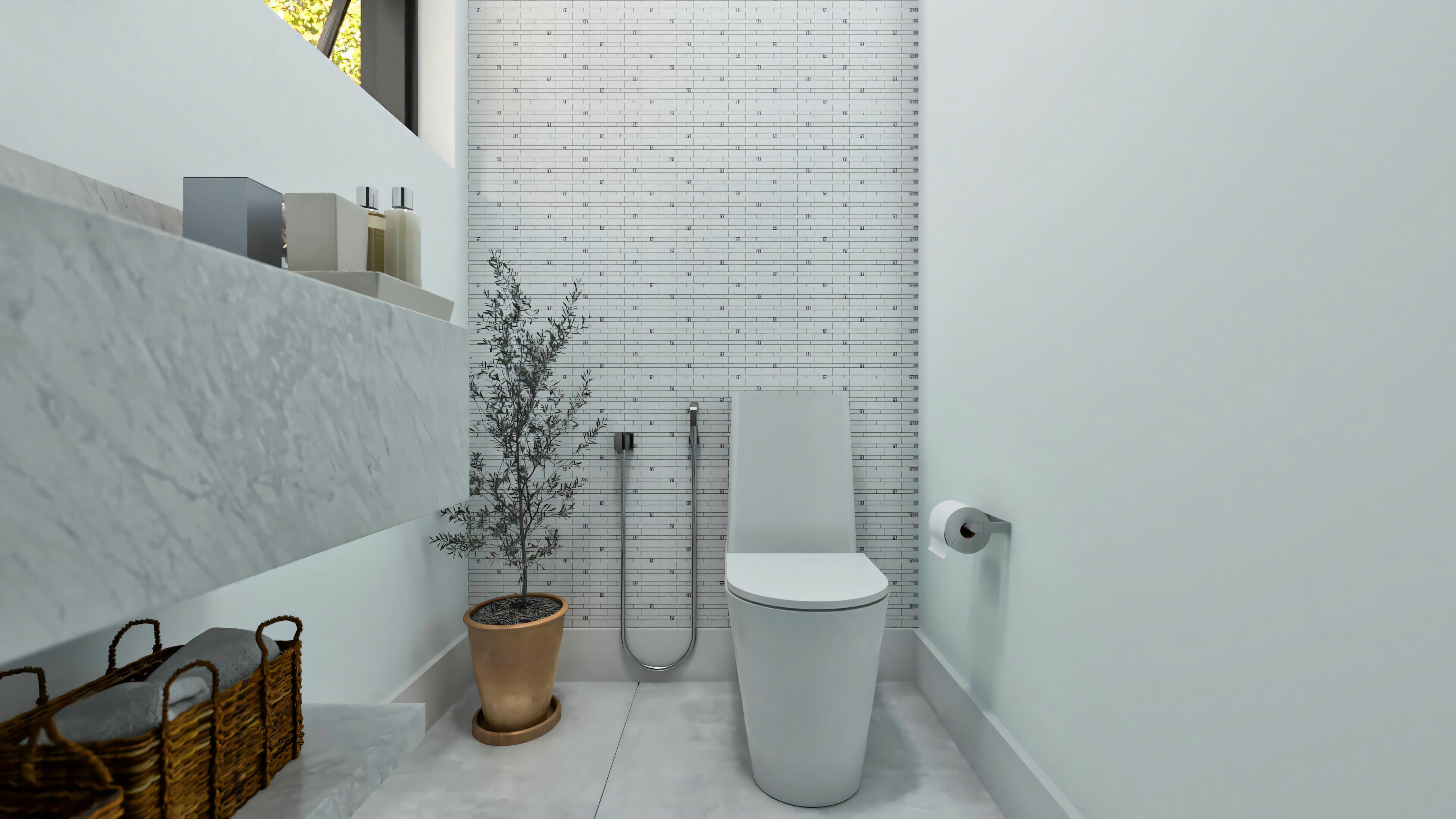 Detail of the lavatory/guest bathroom in the 194.7m² two-story house (10x25 plot). Focus on the toilet area with a hygienic shower, statement wall clad in horizontal tiles, and plant decoration.
