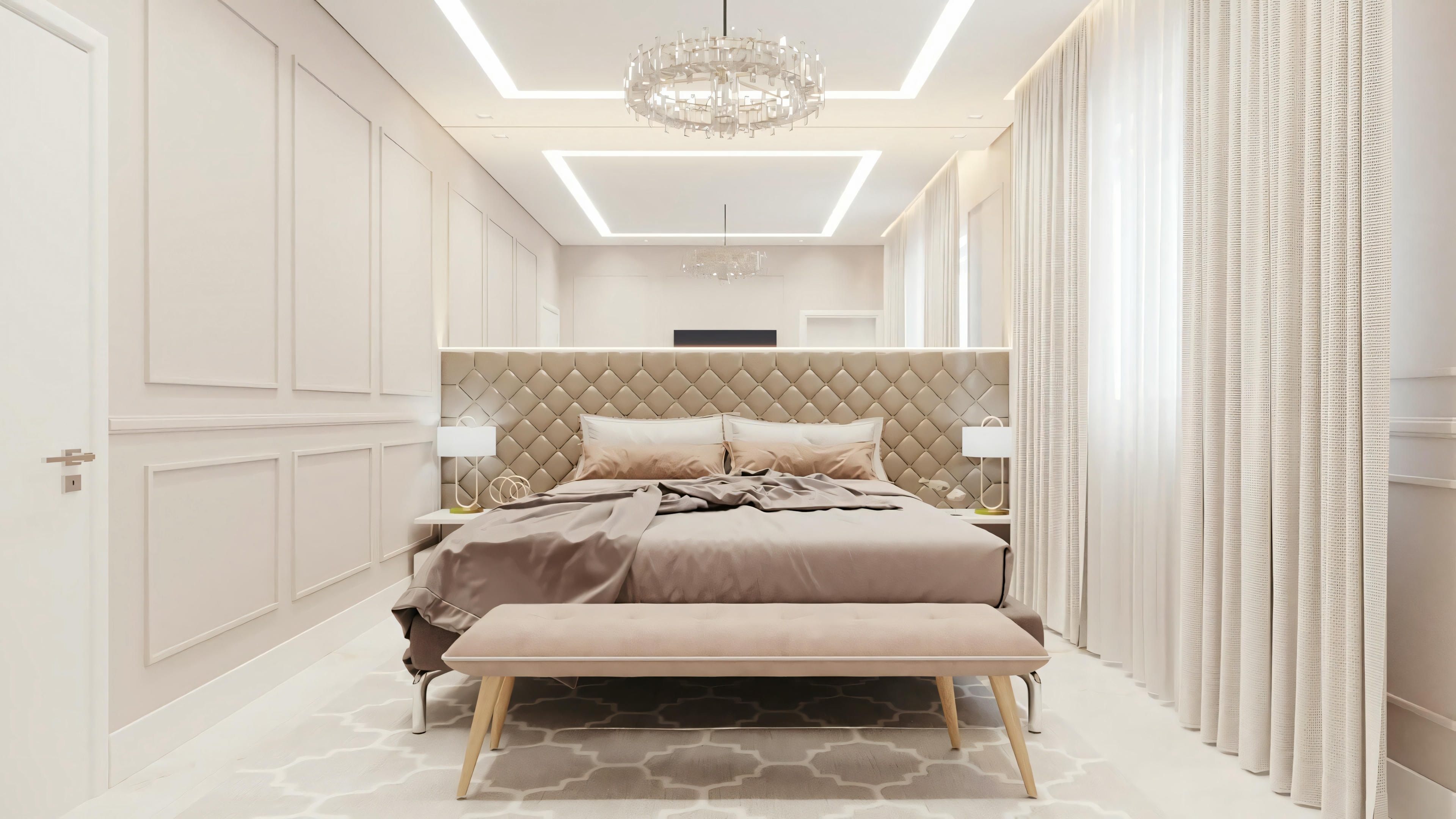 Master suite in a luxury house project, with a double bed, upholstered headboard, boiserie on the walls, crystal chandelier, and classic modern decor.