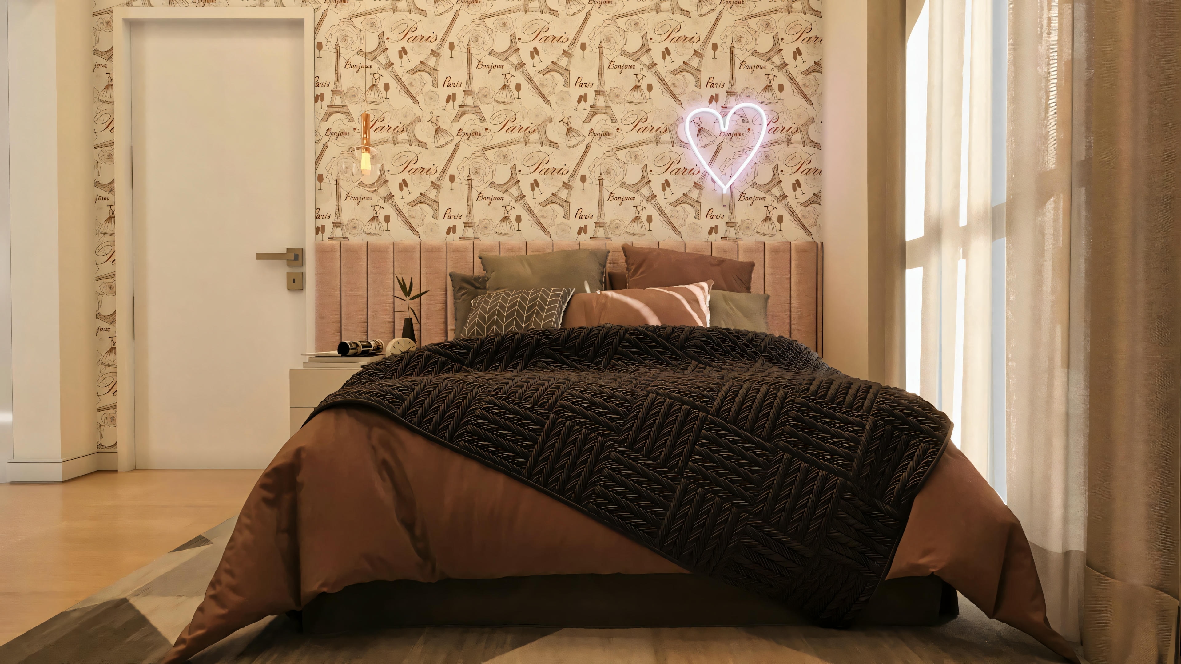 Master suite in a luxury house with Paris theme decor, upholstered pink headboard, wallpaper, and neon sign.