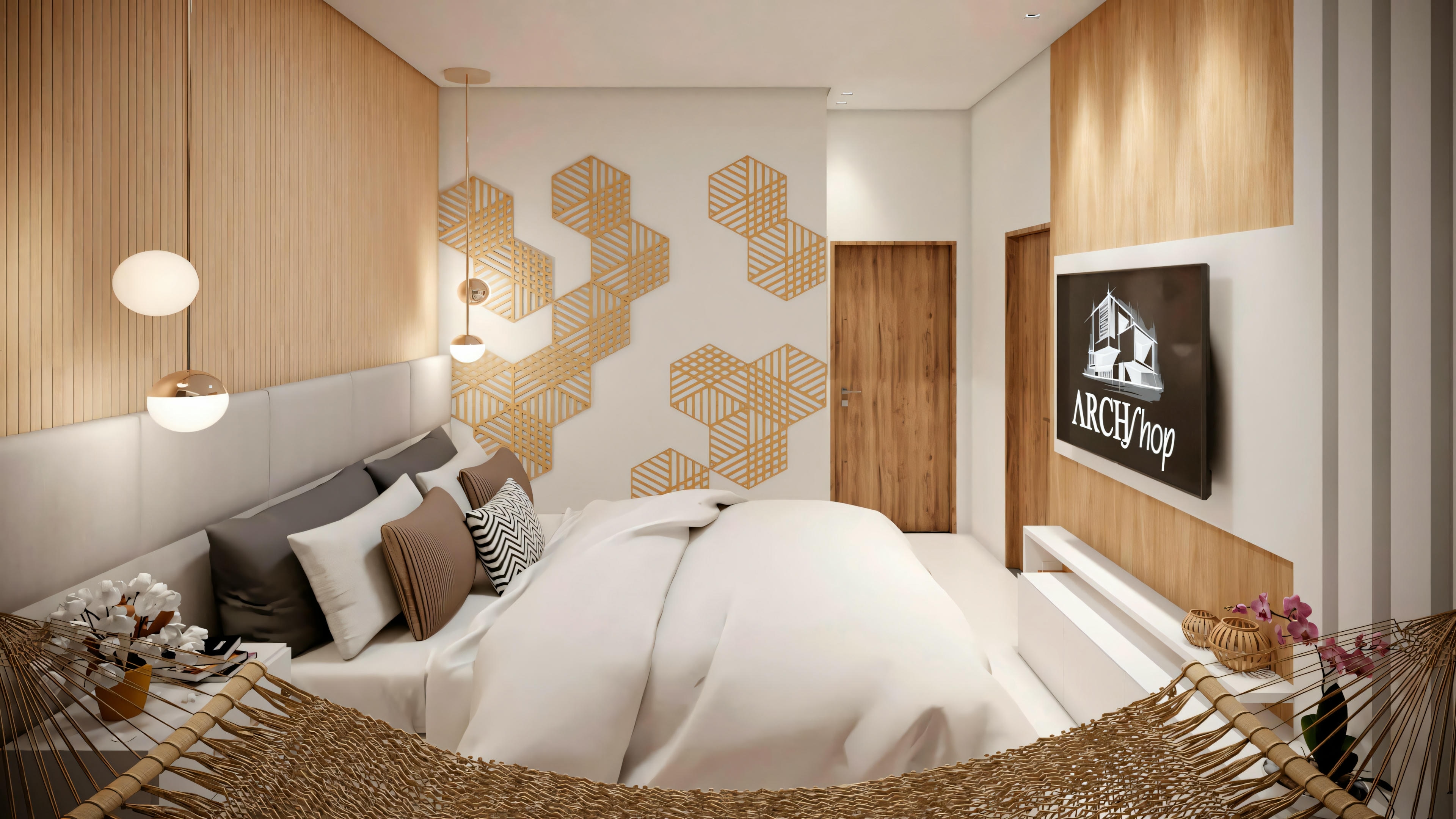 A modern bedroom with a bed, side tables, light fixtures, and decorative wall elements.
