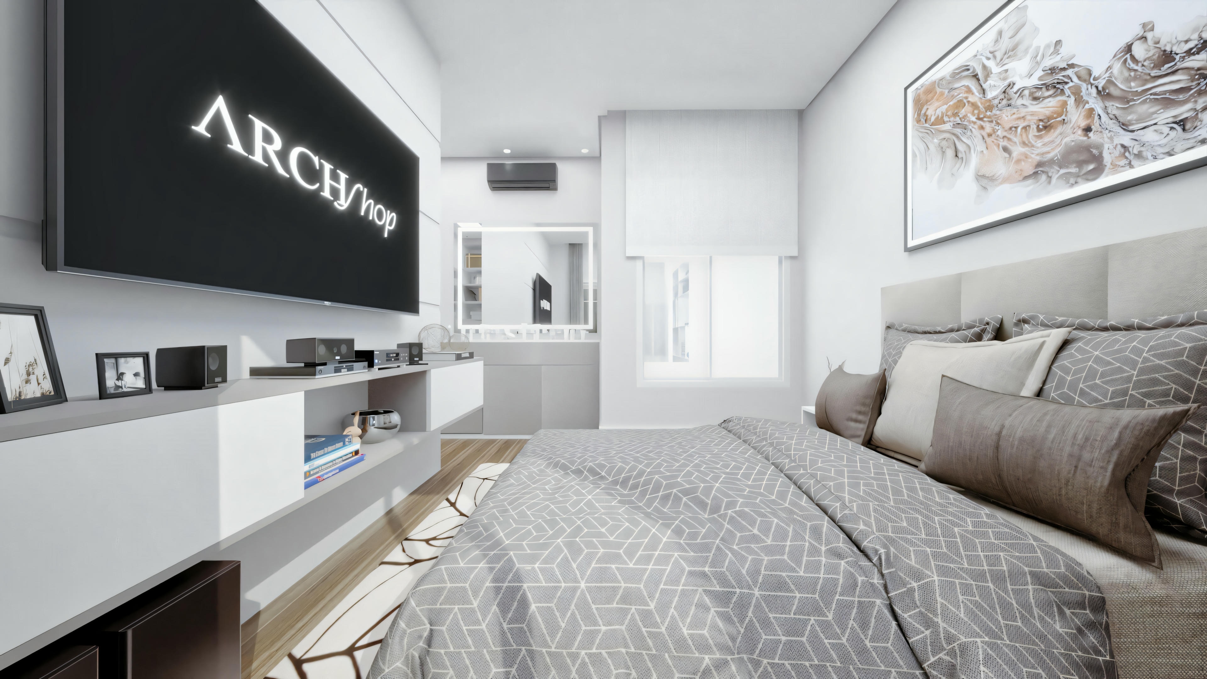 A modern bedroom with a large bed in shades of gray and white, complemented by patterned pillows and a textured blanket.