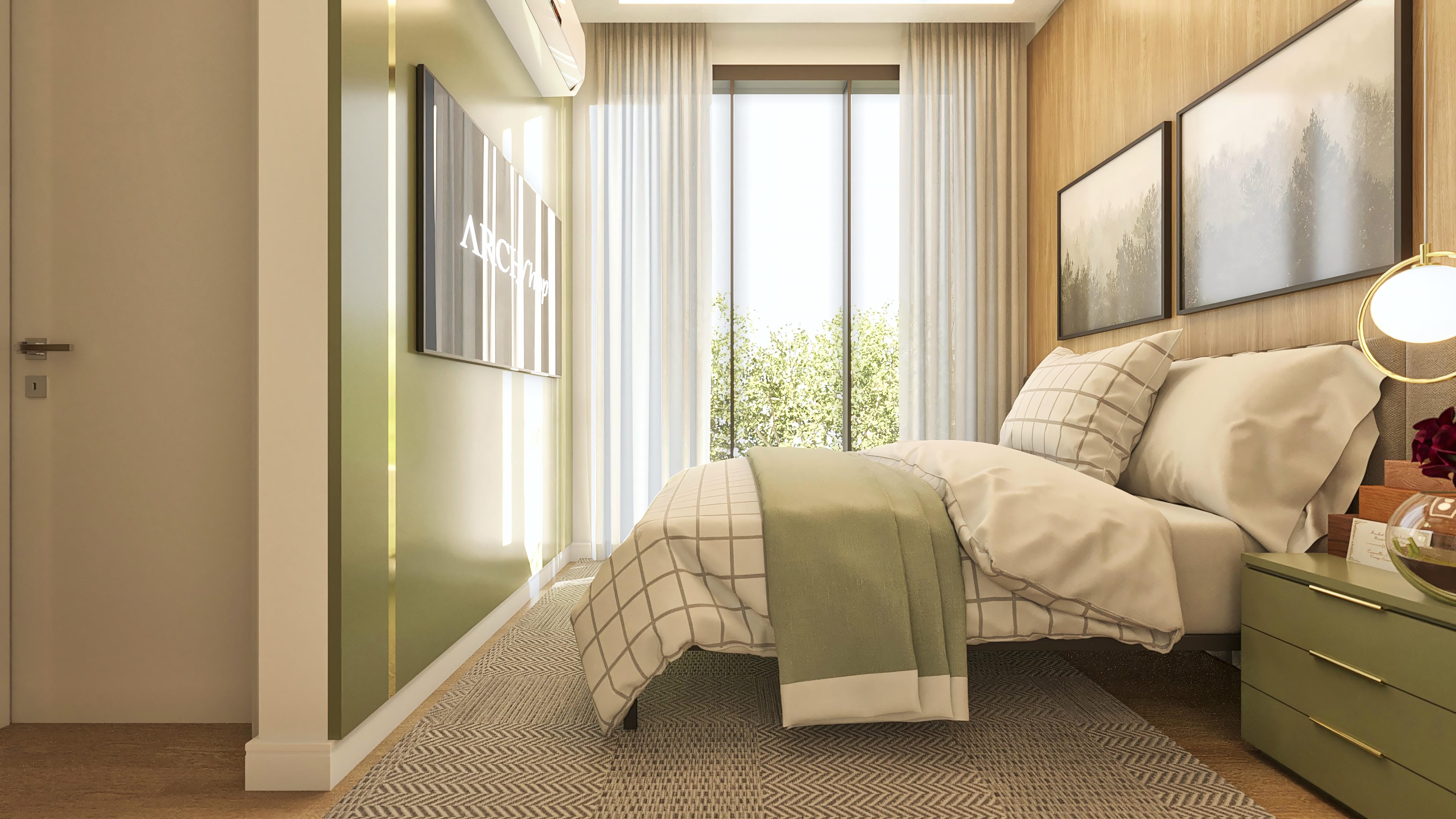 Bedroom interior of a house with light green and wood-toned walls, comfortable bed, textured rug, and large window with translucent curtains.