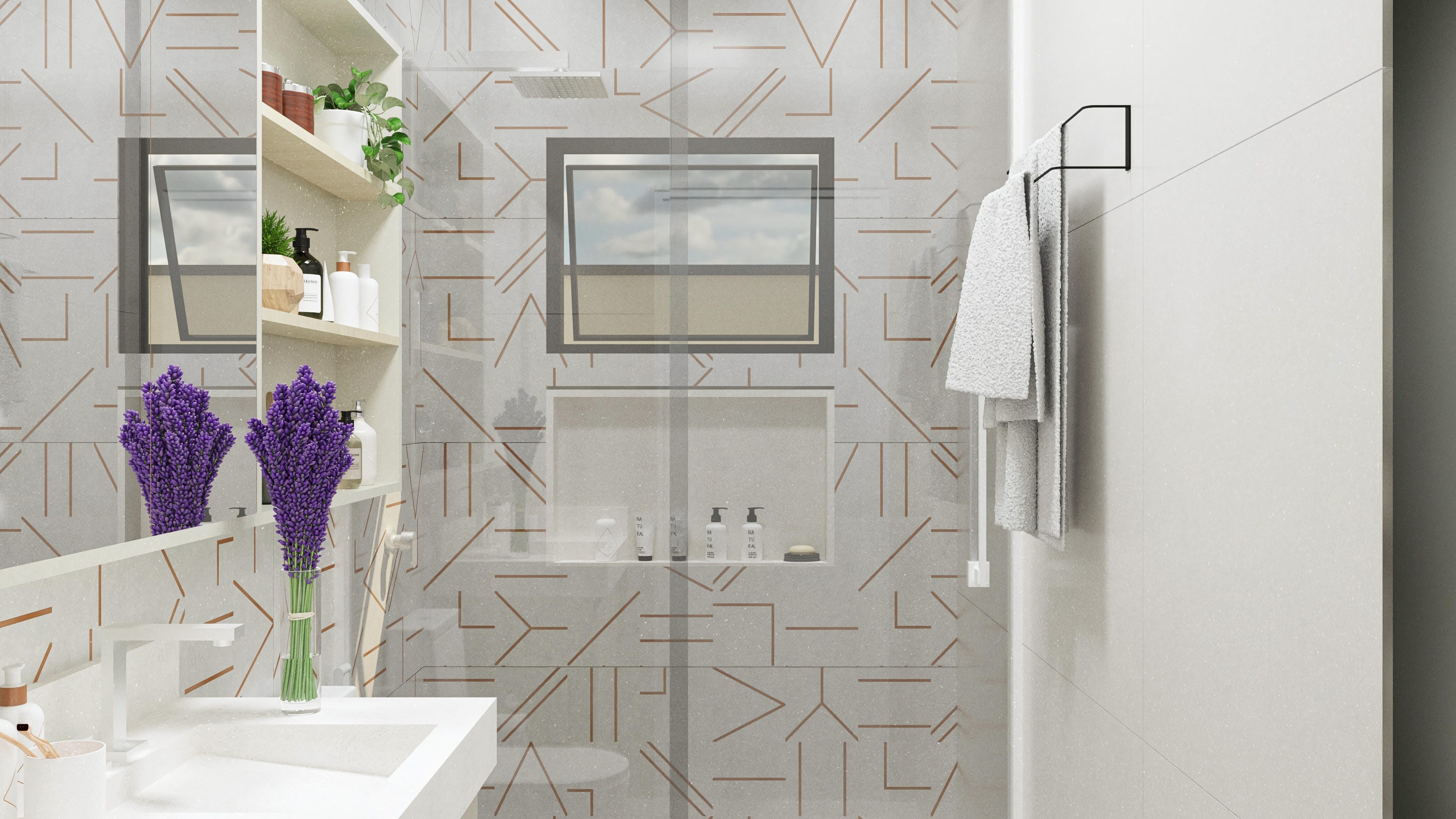 Detail of a modern bathroom with textured cladding and copper details, a white countertop, and a lavender arrangement.