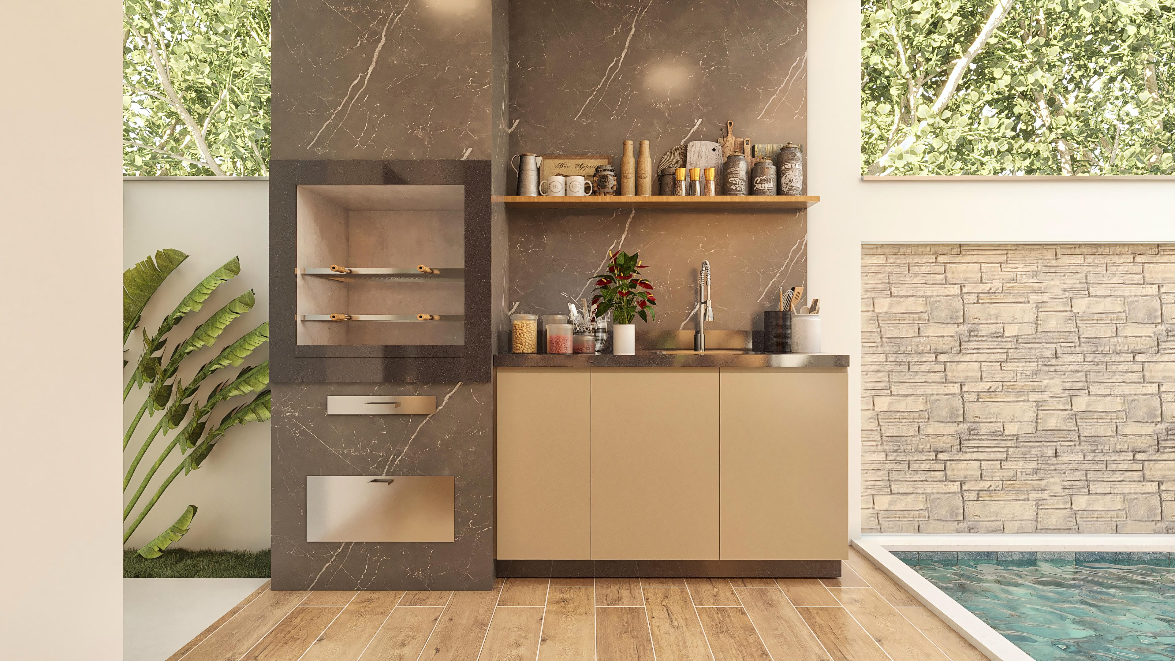External gourmet area with a brick barbecue, countertop with sink and beige-toned cabinets, dark marble details, and a pool beside it with a stone wall.