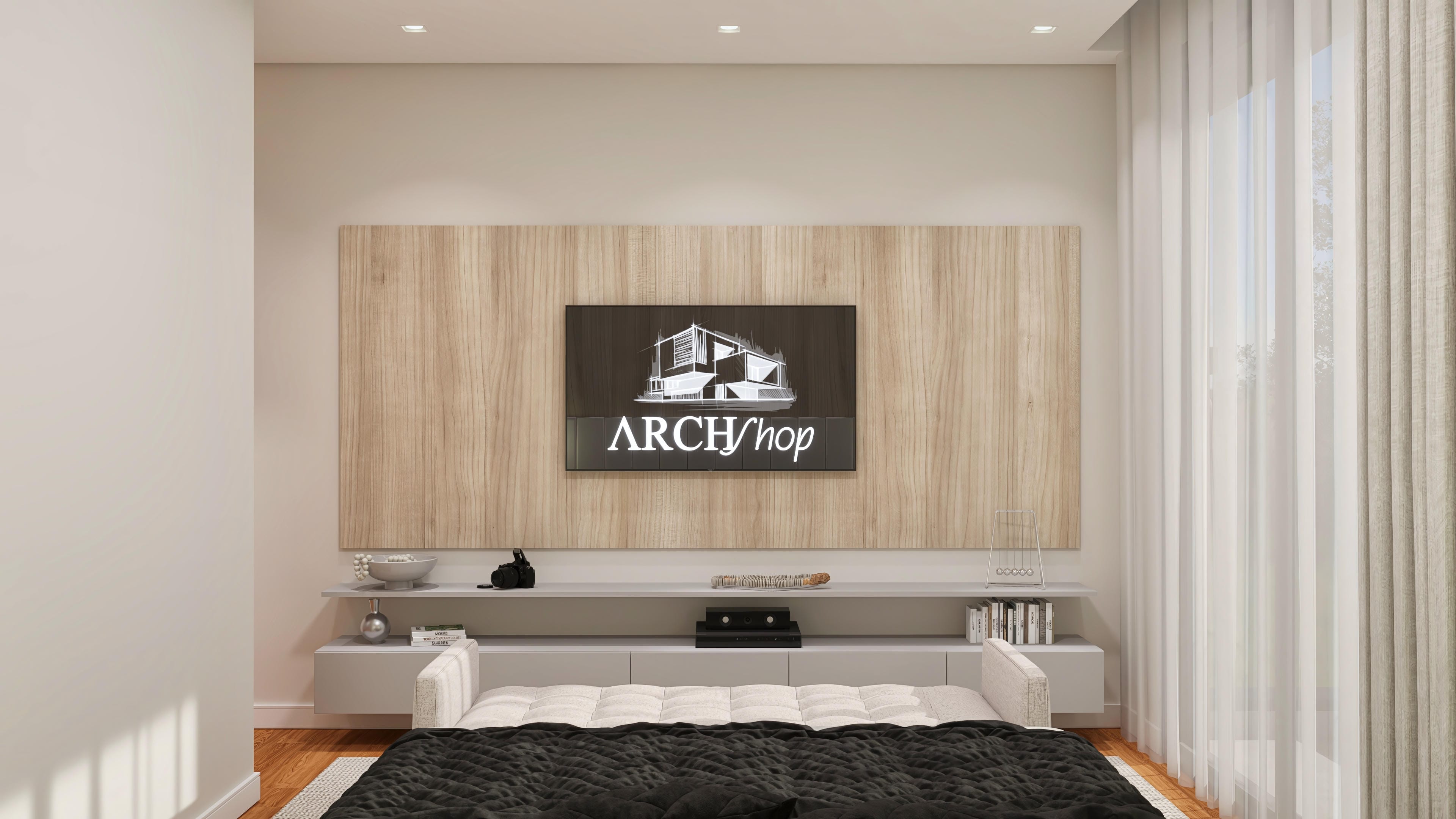 Modern living room with a light wood panel for the TV, L-shaped shelves, upholstered sofa bed, and built-in ceiling lighting.