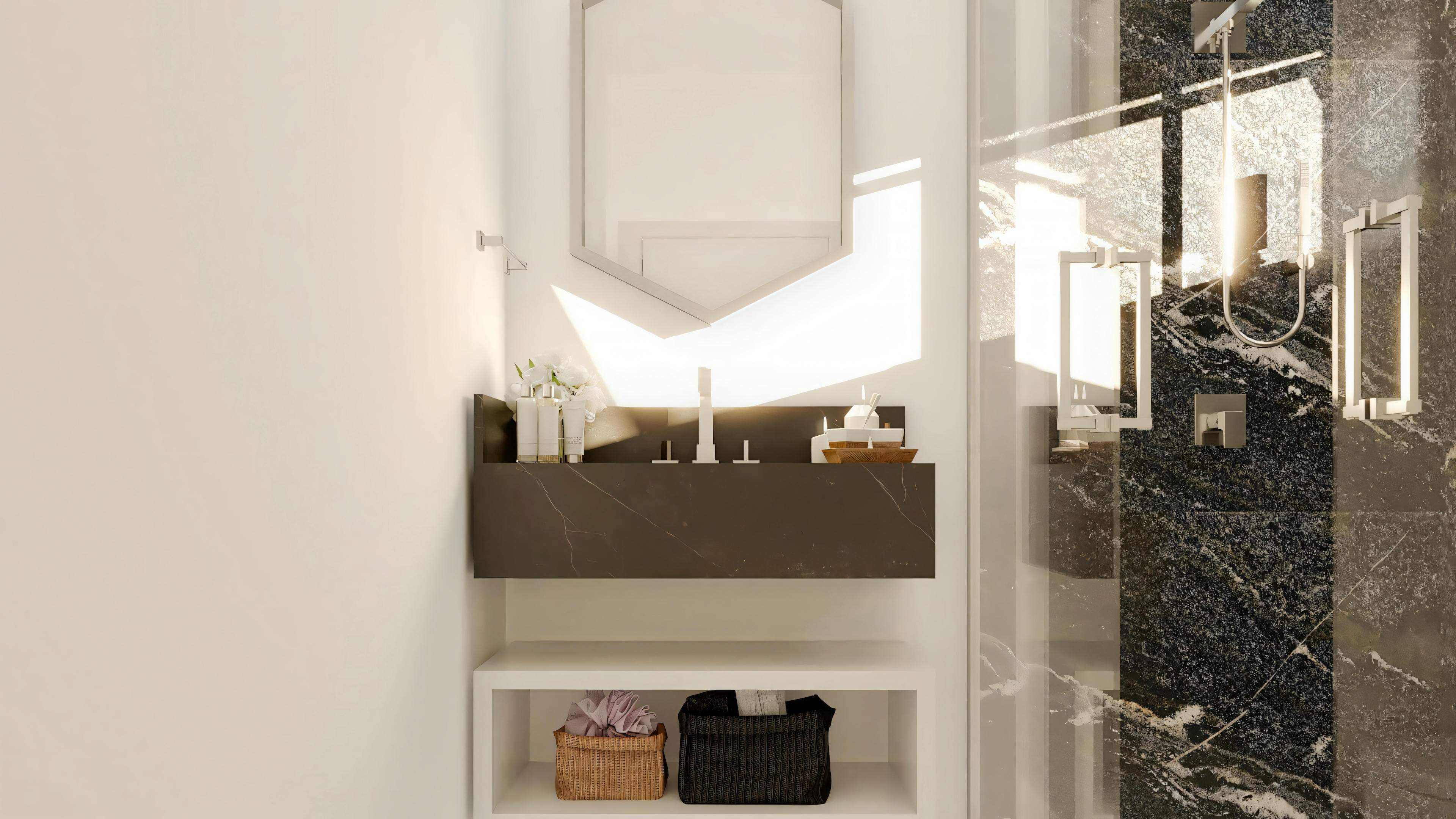 Modern bathroom of one of the 3 suites in the Archshop residential project. Detail of the dark floating countertop, geometric mirror and lower niche. This 3-bedroom house project with 5 bathrooms prioritizes design and functionality.