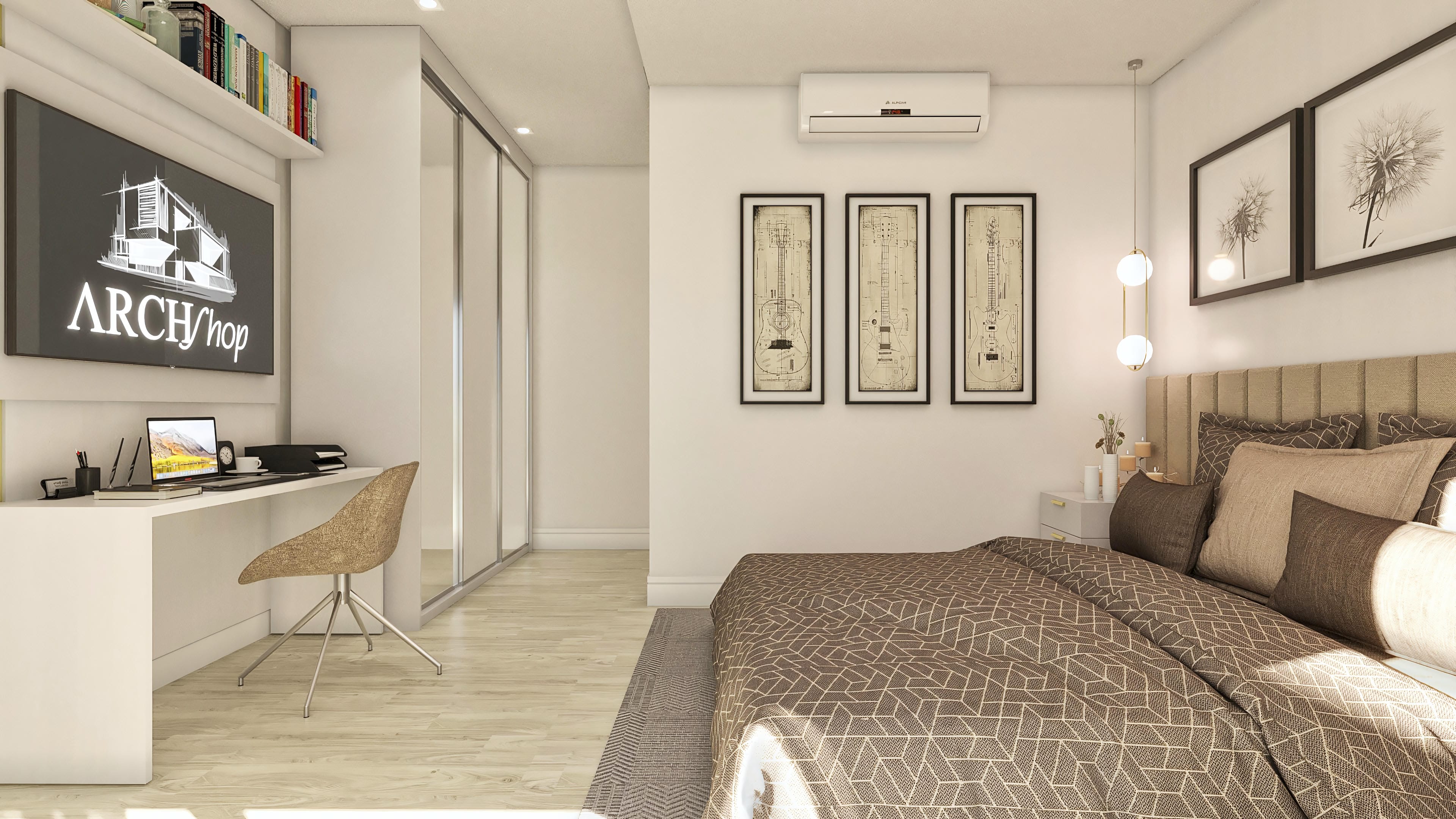 Interior of a modern two-story house with 4 suites, featuring a bedroom with a queen size bed, upholstered headboard, and an office space with a desk and indirect lighting. The walls are light, contrasting with light wood details on the floor and decorative elements on the walls, like frames and a discreet air conditioner.