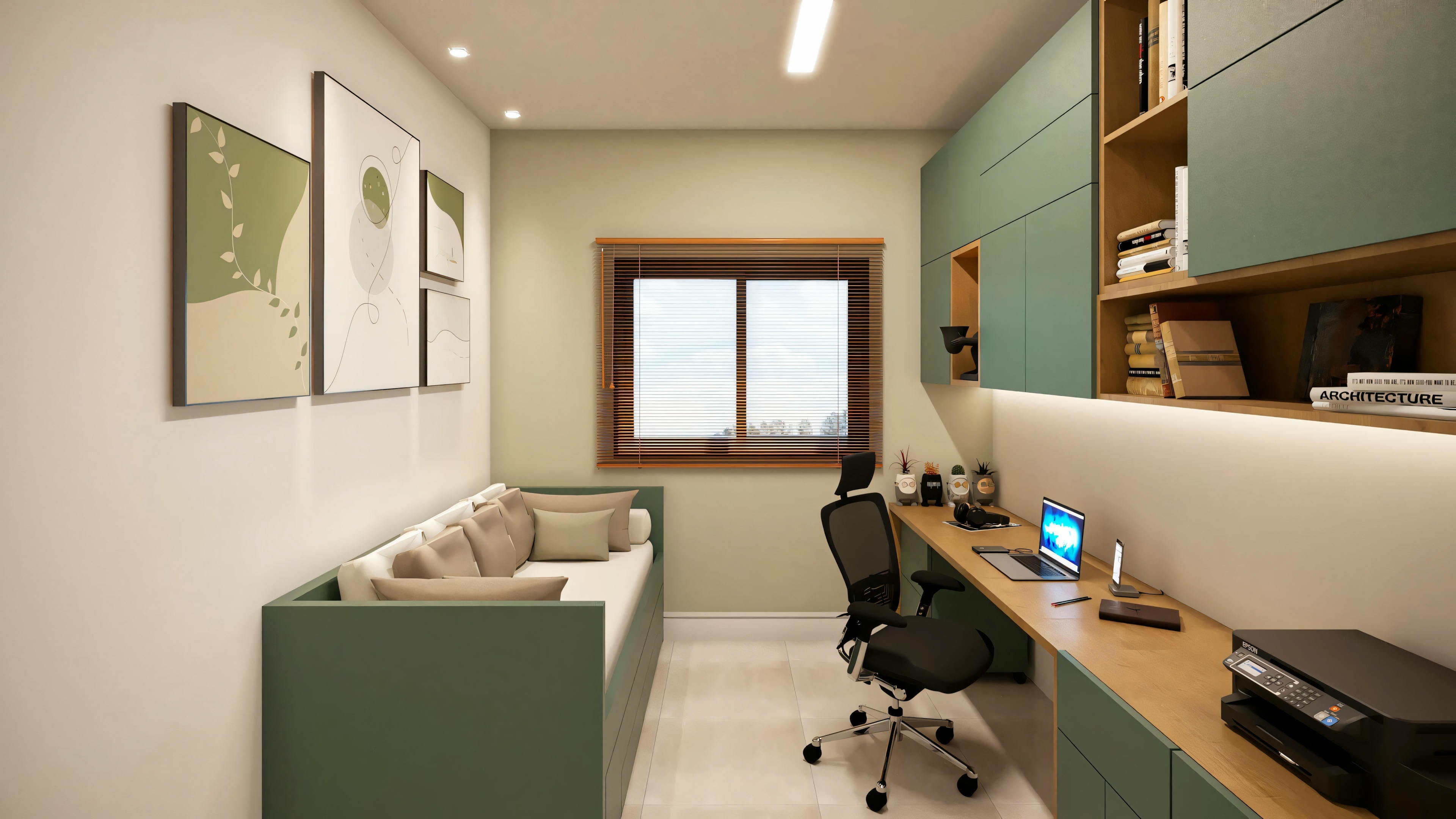 Living room with a sofa on the left and a workspace with a desk and chair on the right.
