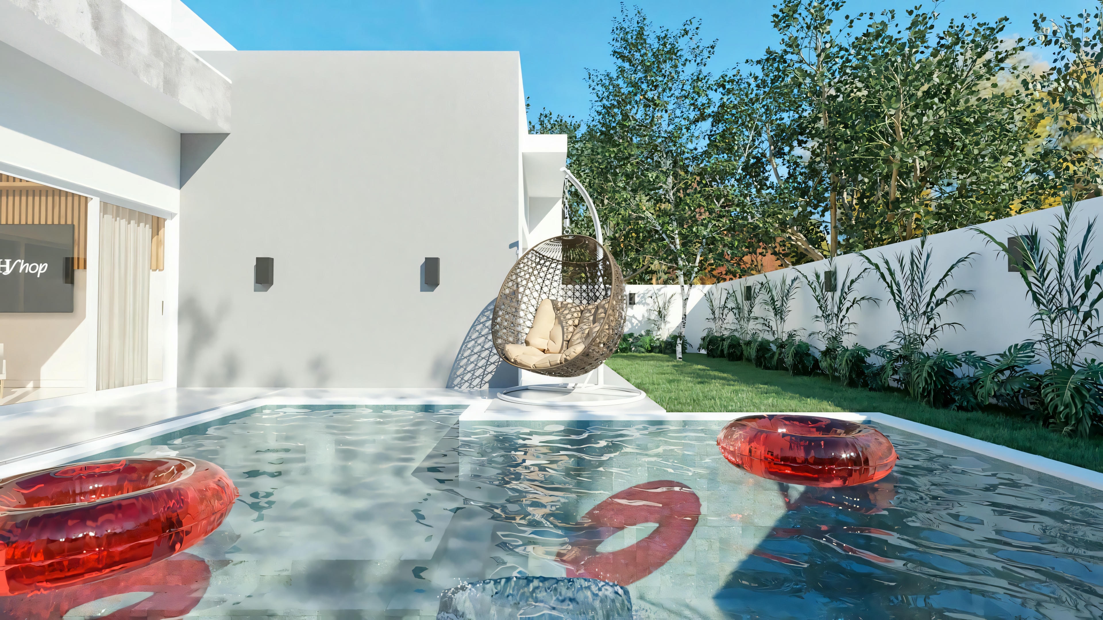 Foto da piscina com área gramada e paisagismo desta planta de casa moderna térrea com 3 quartos (203.67m²). Vista lateral da área de lazer com cadeira suspensa e detalhe da fachada.