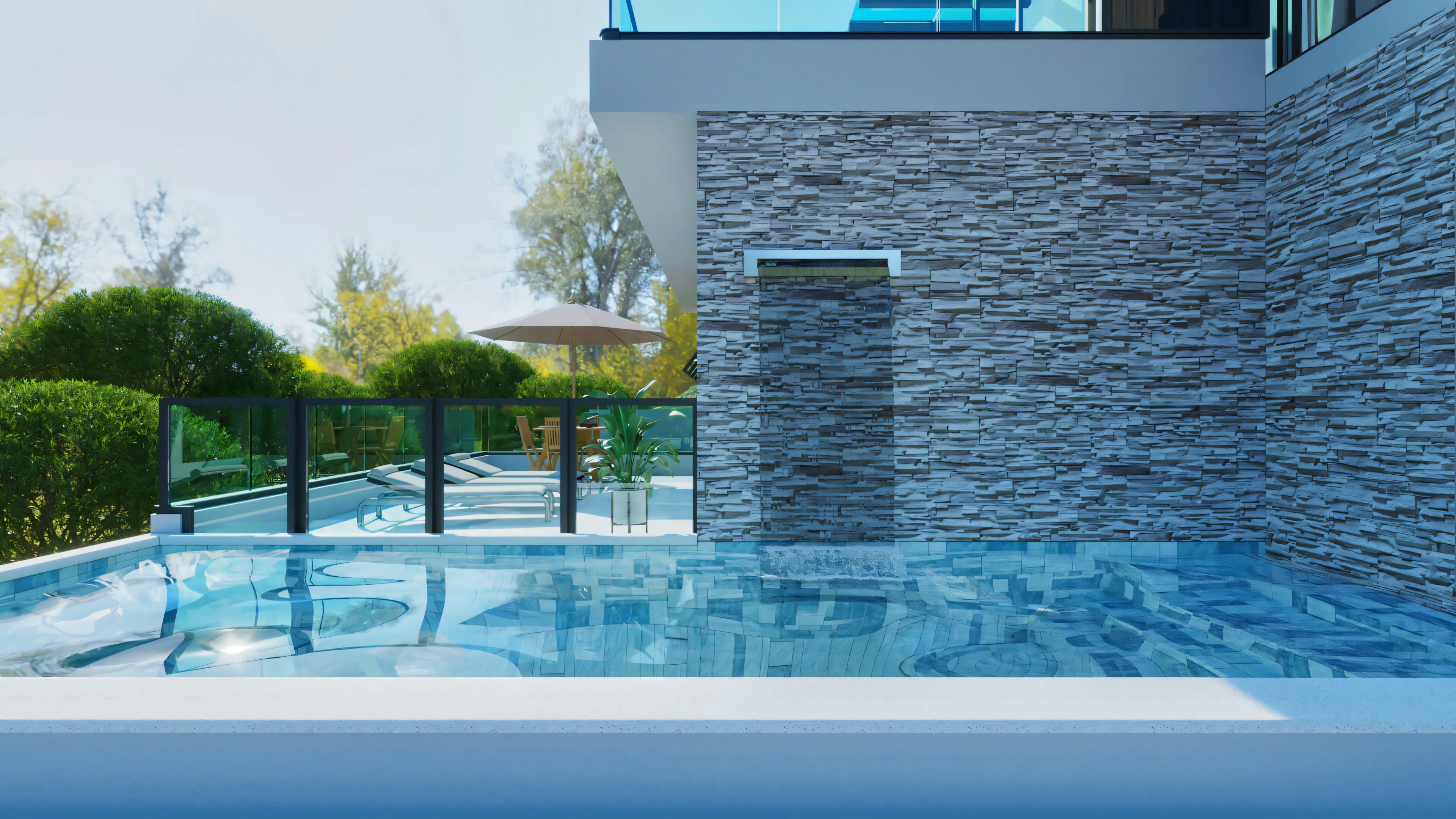 View of the pool area with water features.