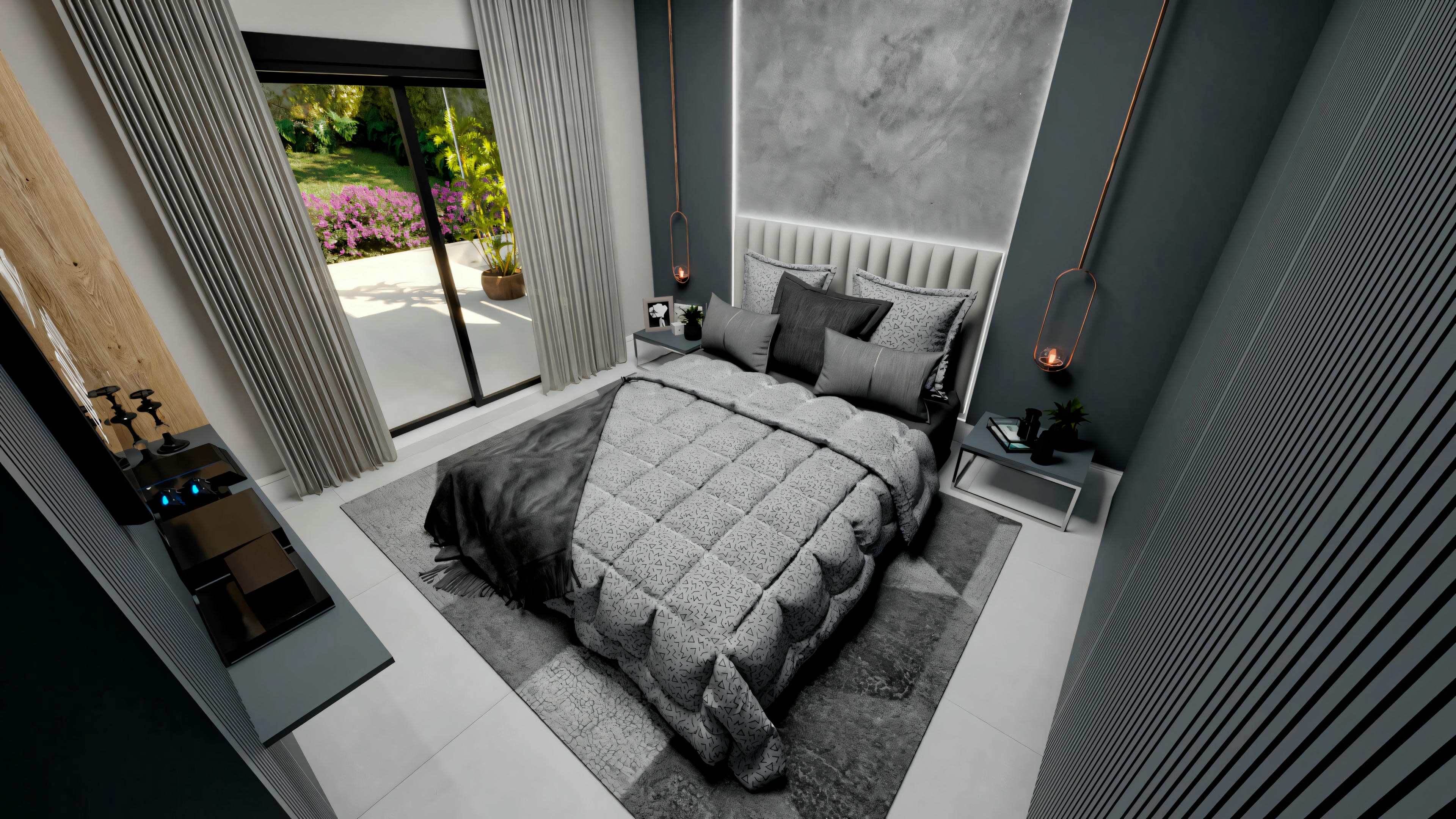 Vista de um quarto com cama e uma varanda ou terraço adjacente, incluindo elementos decorativos como plantas.