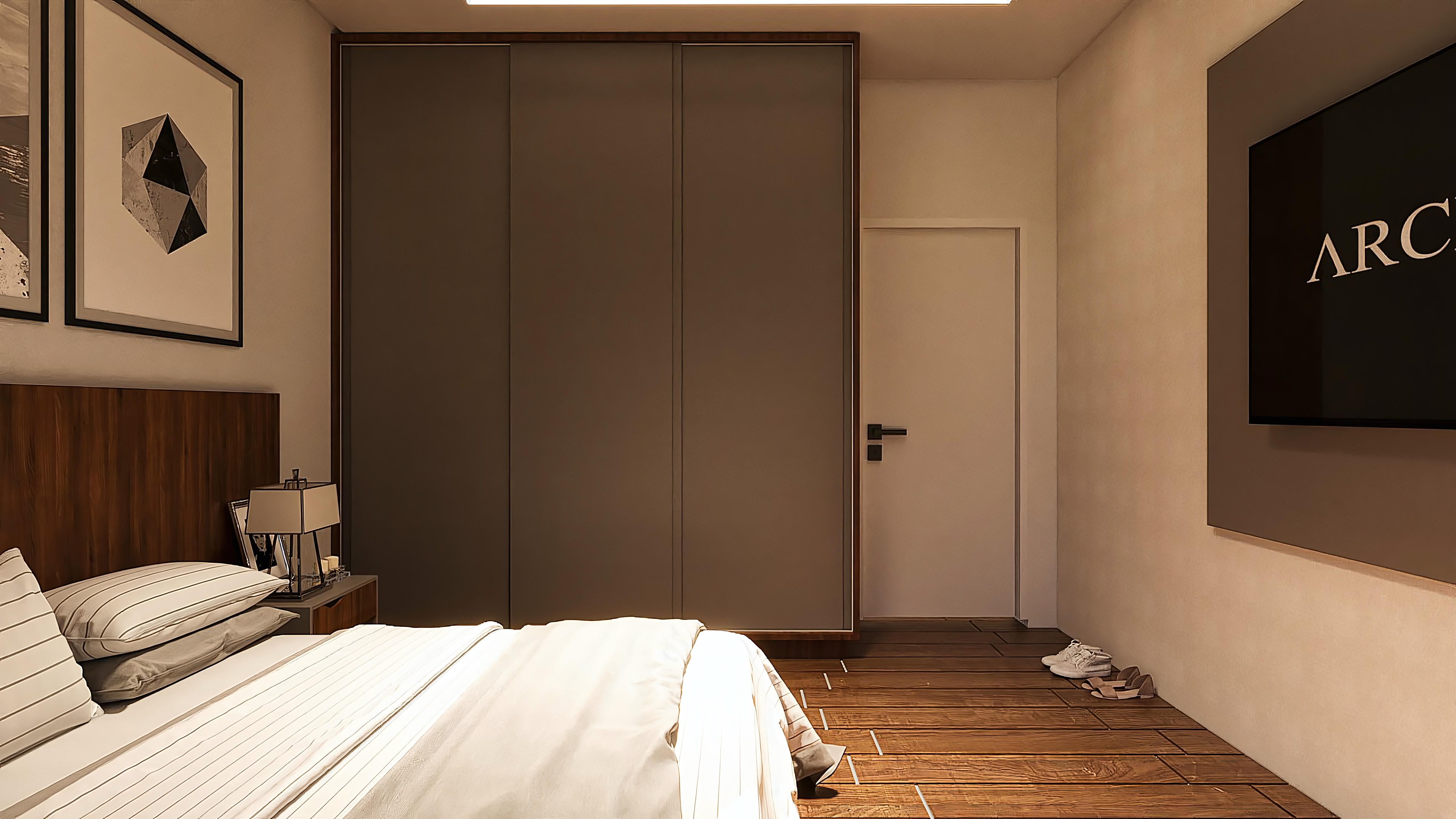 Interior of an elegant bedroom with a double bed, built-in wardrobe, and wooden floor. Modern decoration with artwork and LED lighting.