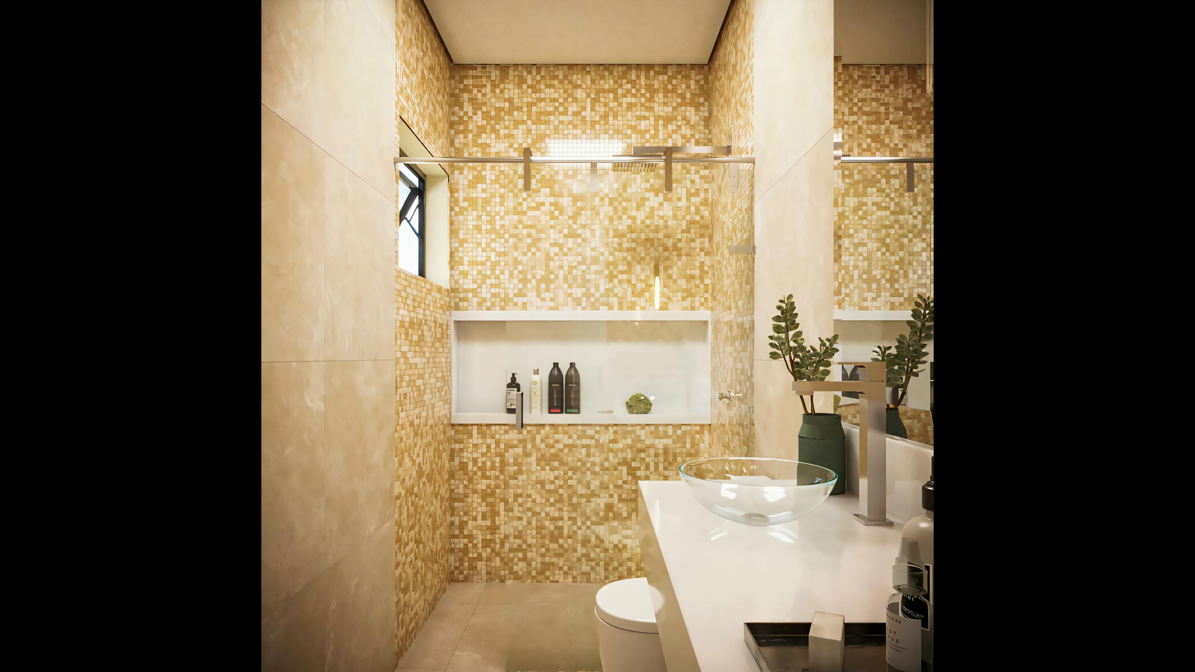 Detail of the shower stall with niche and tiled coating in one of the bathrooms of the 170.8sqm ready-made single-story house project. The house has 4 bathrooms.