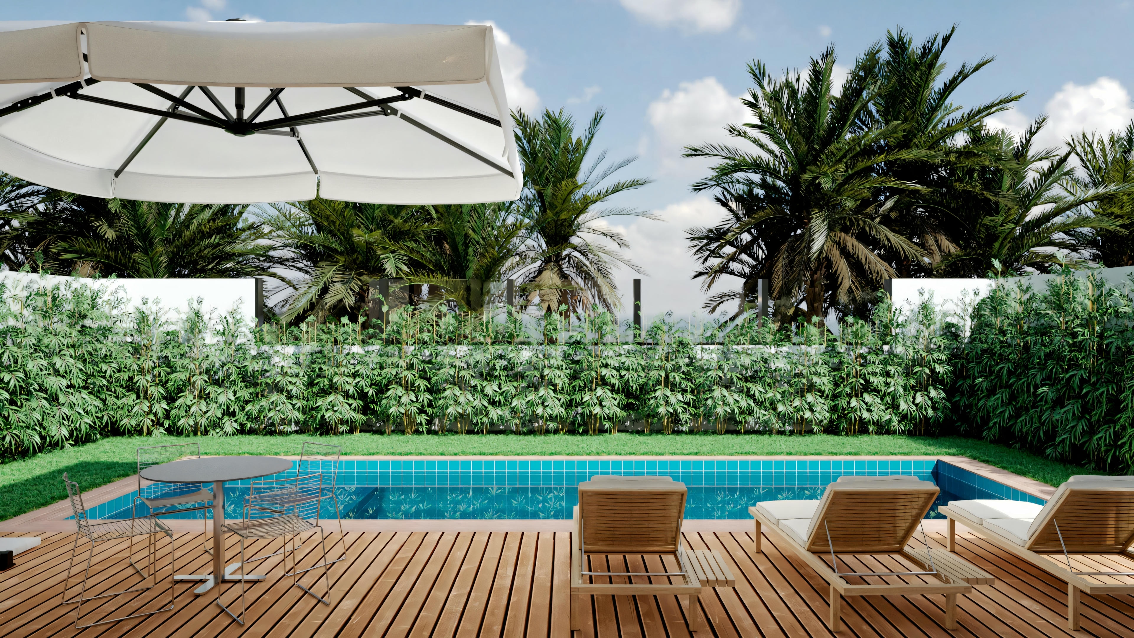 Single-story house with an outdoor seating area shaded by an umbrella, next to a swimming pool surrounded by hedges.