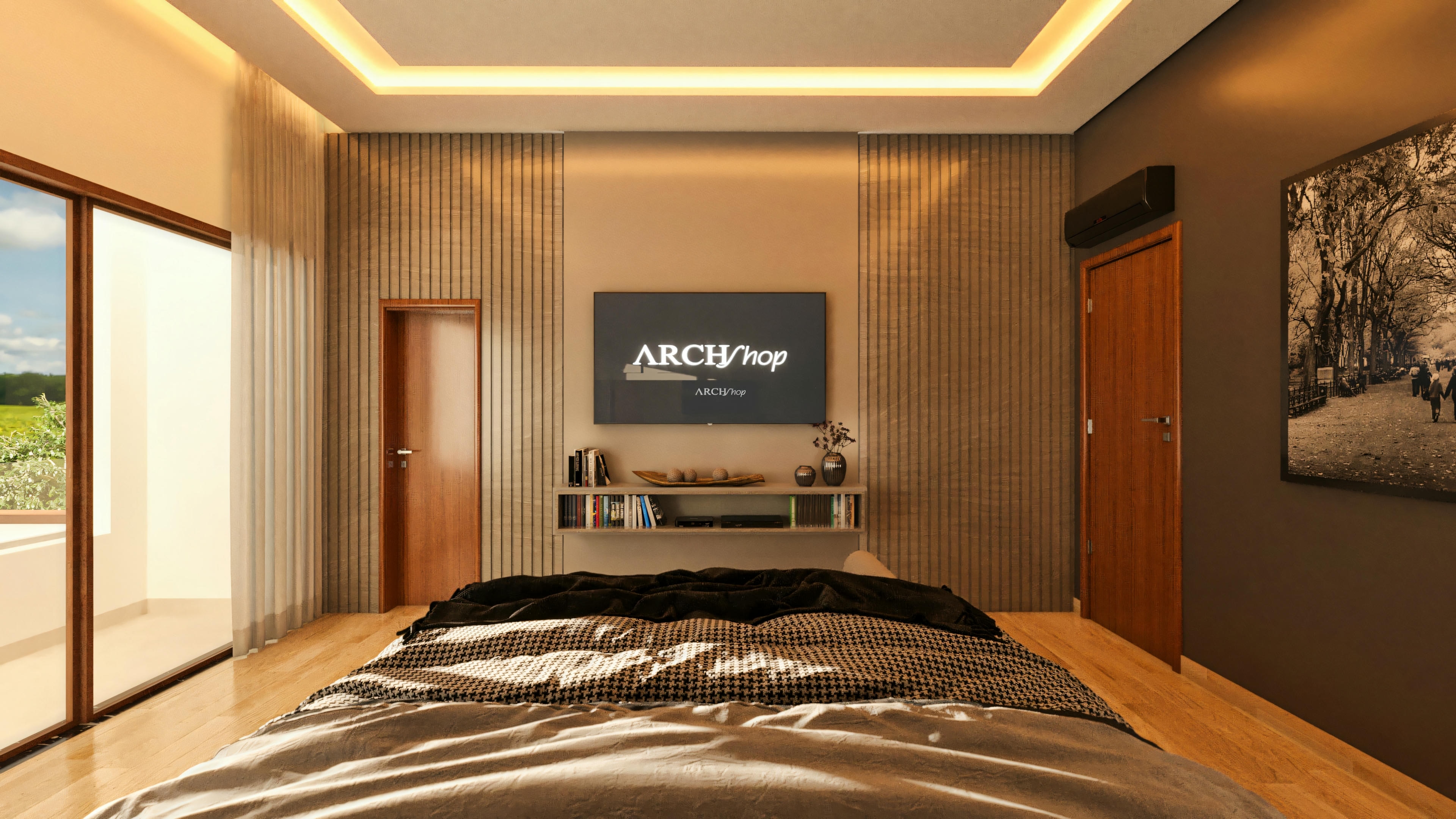 Quarto de suíte em casa de luxo, perspectiva da cama mostrando painel de TV centralizado entre áreas com revestimento em madeira ripada, prateleira decorativa, portas de acesso em madeira e ampla porta de vidro à esquerda com cortinas e vista para varanda com paisagismo.